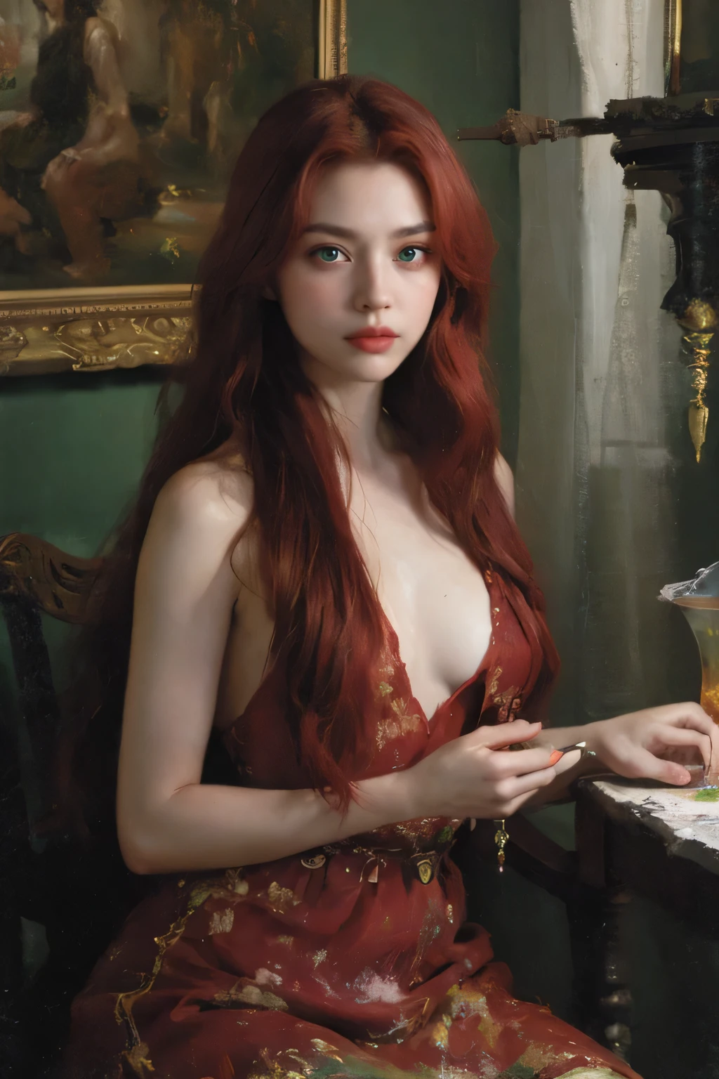 Lady Jessica in a castle bedroom on planet Dune. Fully naked. Thin chain around her waist. A redhead with a slim body and very small breasts. Flat chested. Tapestries on walls, glowing globes float high in the air. Thin arms and thin legs. A skinny young body that is shaved below. A serious, penetrating expression is on her face.