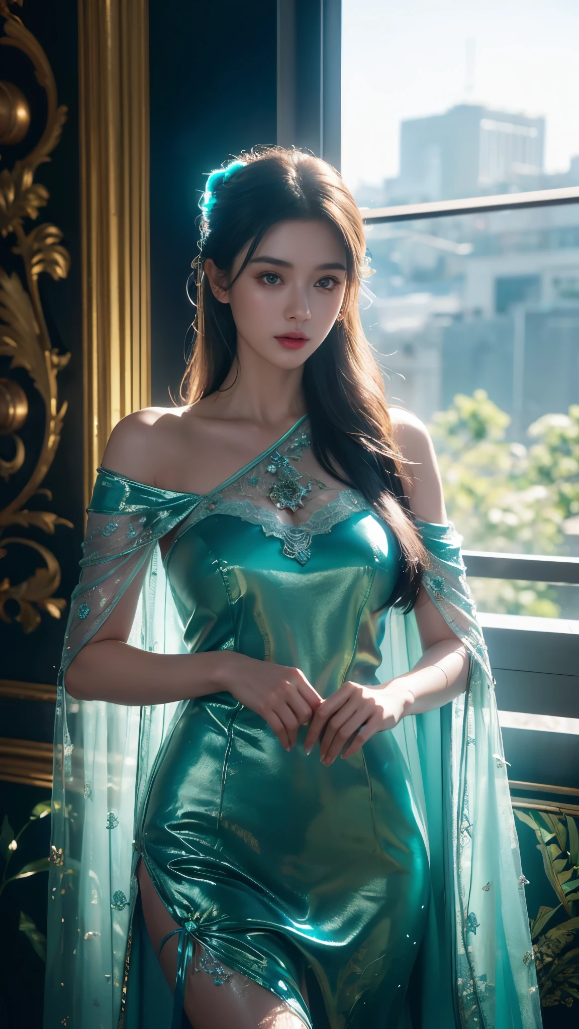 (((best quality))),(((ultra detailed))),(((masterpiece))),illustration,1 beautiful girl,solo,slim,thin,flat chest,shoulder length straight bob hair,flowing hair,fair skin,(shiny skin:1.3),sparkling eyes,blue dress,delicate silver necklace,grass,dewdropletts,trees,bird chirping,(shimmering shadows:1.3),serenity,gratitude,awe,wonders of nature,peace,contentment,magnificent world,summer,(sunrise:1.5),(pitch-dark dawn:1.5),upper body,from front,(after rain:1.3),(wet:1.3),standing,dark clouds,light shining,confident gaze,elegant posture,mysterious atmosphere,solemn mood,beam of light,deep blue sky,dawn approaching,detailed decorations
