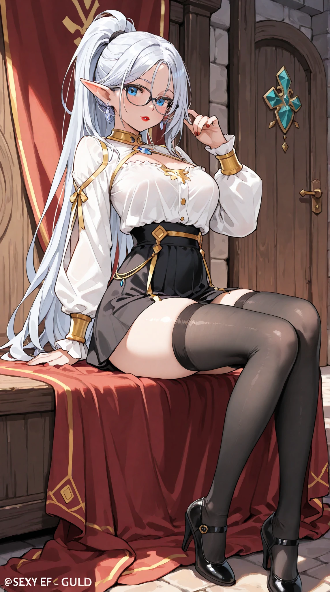 (masterpiece, best quality, ultra-detailed, best shadow), solo girl, silver hair, blue eyes, long hair, medium breasts, sexy body and face, wavy hair, smile, parted lips, red lips, circlet, skirt, bridal gauntlets, jewelry, cape, bare shoulders, sandals, sleeveless dress, red cape, long sleeves, wide sleeves, side slit, white dress, detached sleeves, turtleneck, ribbon, pink dress, fingerless gloves, cafe, sexy pose, cowboy shots, sharp focus, vibrant, creative, dynamic, high definition, high resolution, 8k, (Upscale: R-ESRGAN 4x+ Anime6mage enchance:4x), voluptuous body, cinema lightning, dakimakura style, looking at the viewer,