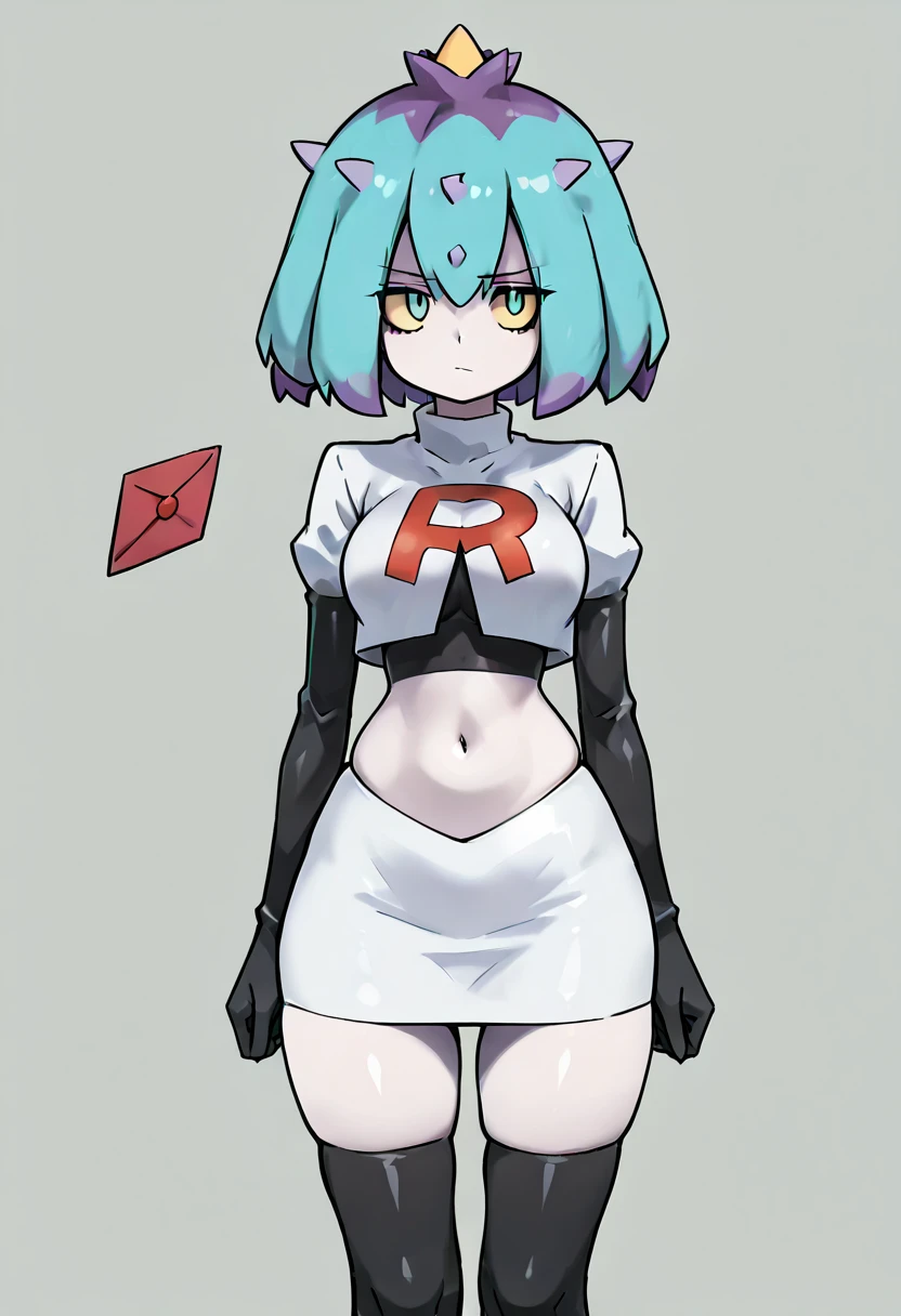 courtney, 1girl, solo, breasts, looking at viewer, short hair, bangs, simple background, white background, purple eyes, purple hair, horns, eyelashes, fake horns, horned headwear, team rocket,team rocket uniform, red letter R, white skirt,white crop top,black thigh-highs,black elbow gloves,