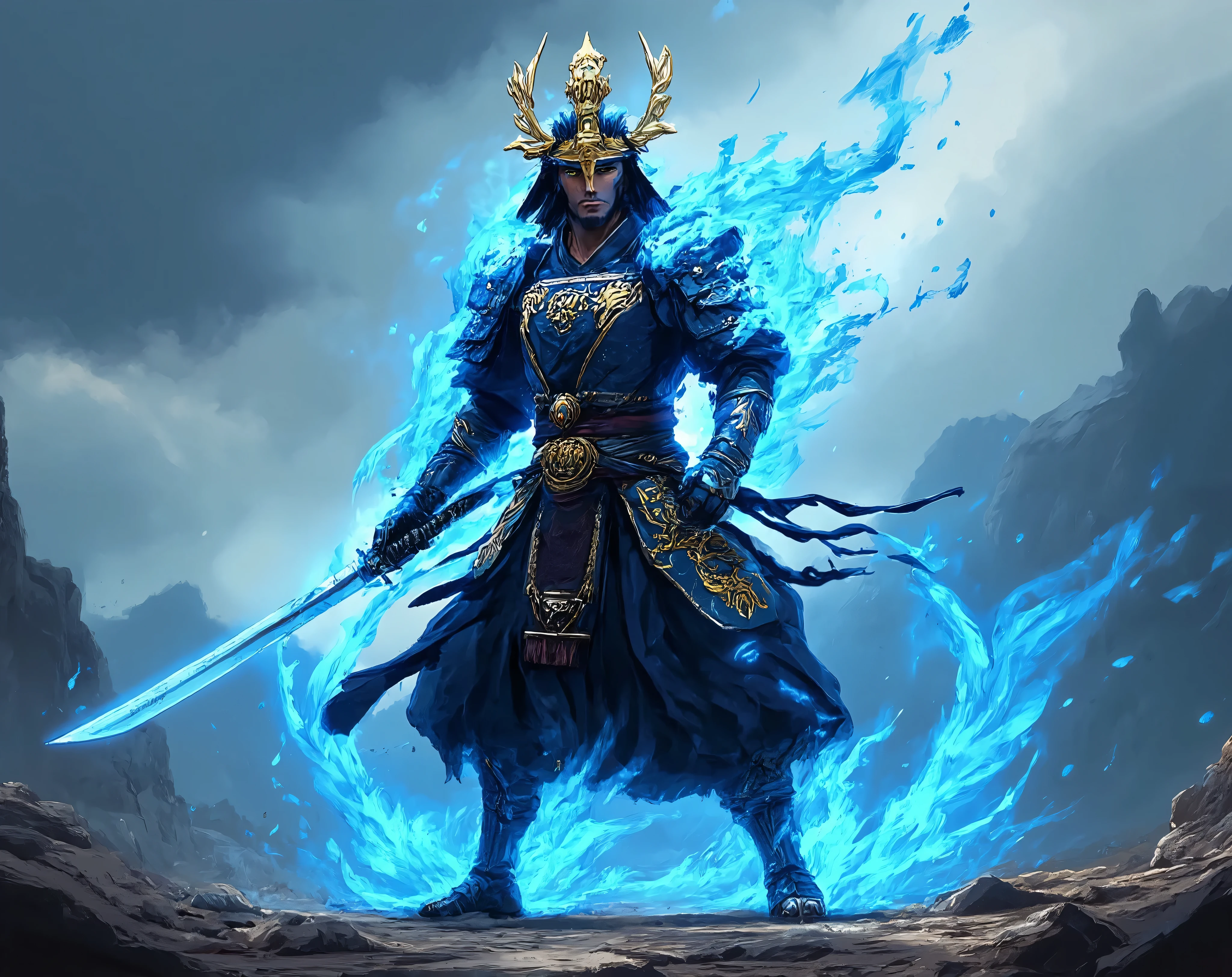 CREATE A MASCULINE SAMURAI, but his body is made of a blue flame, He has a BLACK AND GOLD ARMOR, with a katana in each hand, He has a samurai hat, He's in a pose ready for a battle
