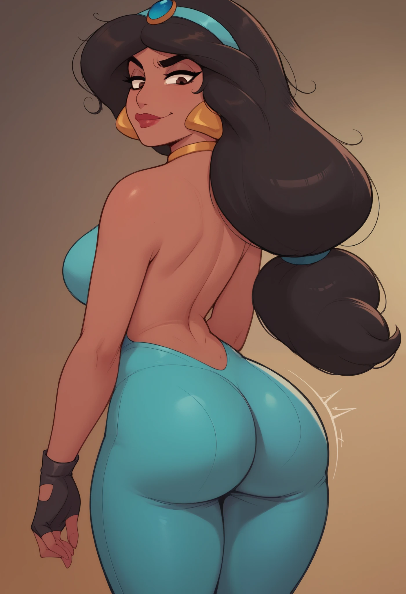 ((1girl)), ((jasmine)), (((sexy))), ((brown skin)), ((thick thighs)), ((big booty)), ((wide hips)), (big breasts), ((black hair)), (sexy smile), ((best quality)), (high quality), (detailed), (perfect face), (), (teal bikini), ((fishnets)), ((from behind))