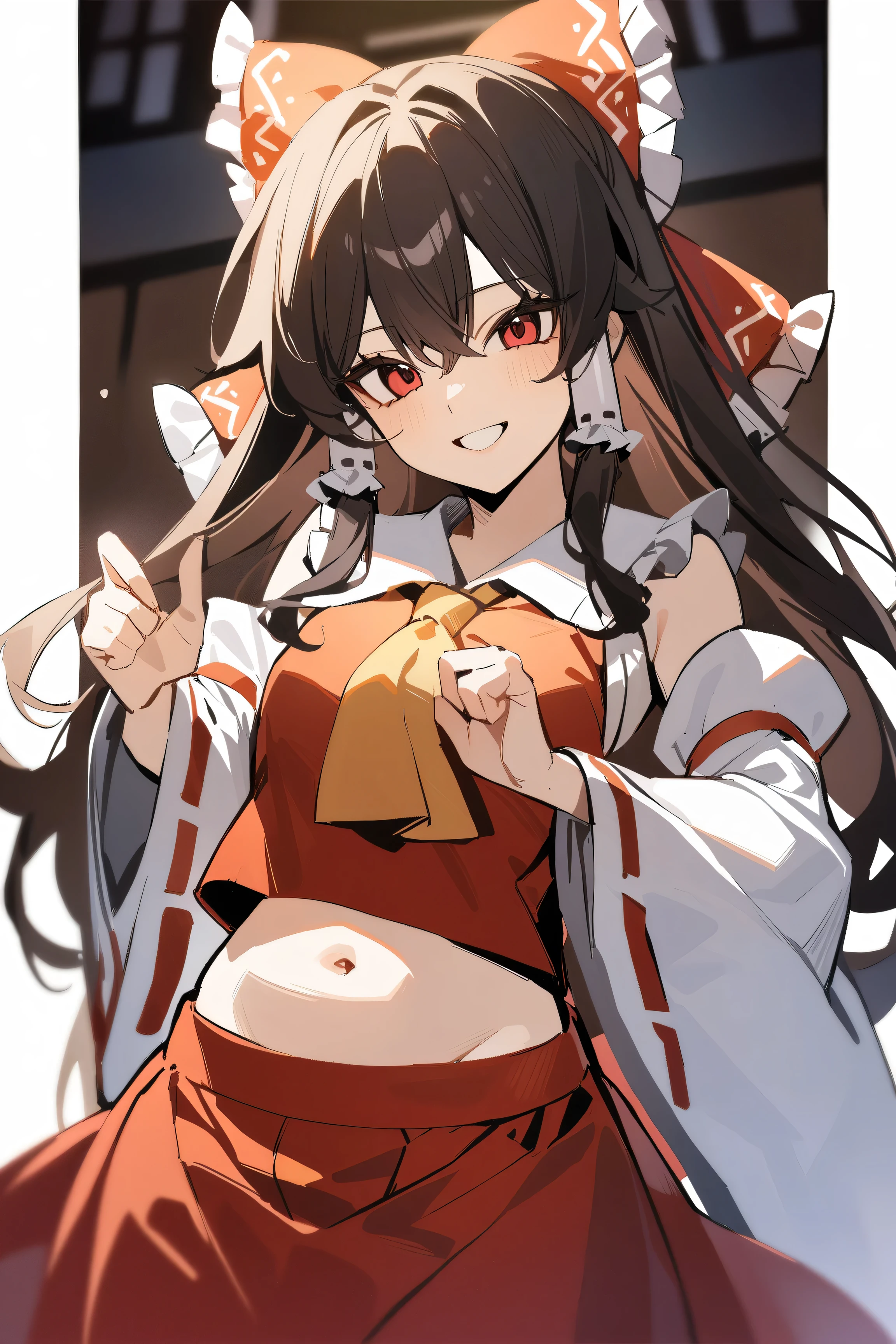 masterpiece, TOP QUALITY, latest, 1 girl, Alone, Reimu Hakurei, with dark hair, detachable sleeves, wide sleeve , red skirt, Red Vest, belly button, frills, upper body, smile, happy, Wavy,