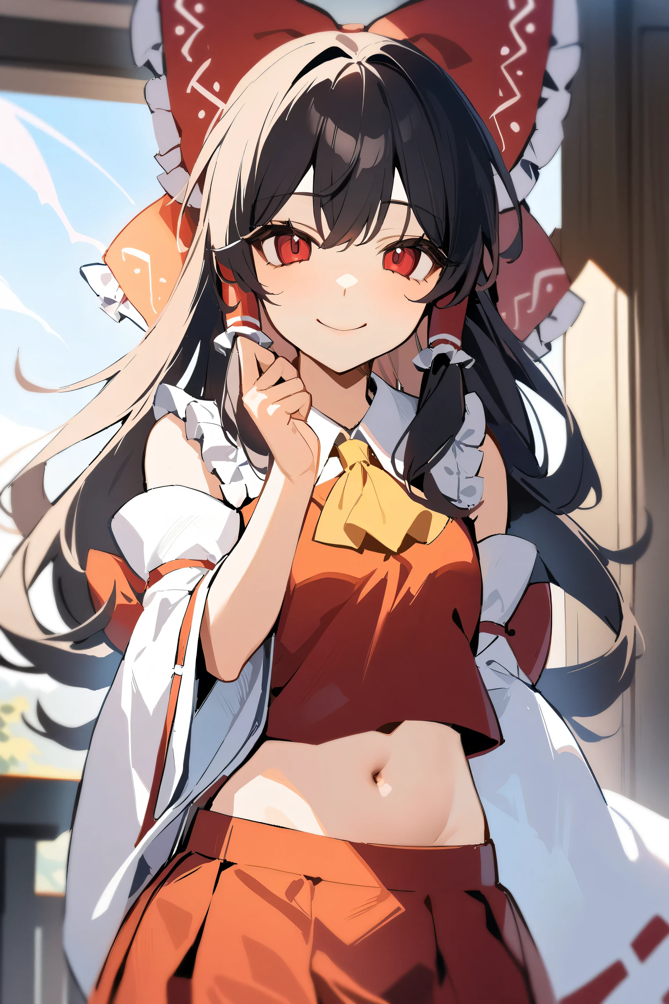 masterpiece, TOP QUALITY, latest, 1 girl, Alone, Reimu Hakurei, with dark hair, detachable sleeves, wide sleeve , red skirt, Red Vest, belly button, frills, upper body, smile, happy, Wavy,