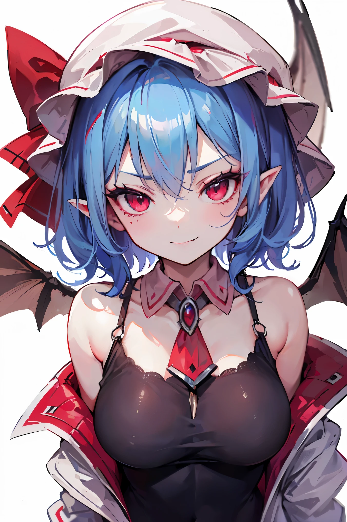 (((remilia scarlet))), ( bat wings), (vampire), cabello corto, ((( Blue Hair))), ((standing)), ((((close-up of face)))), (( jacket, tight shirt)), evil smile,,