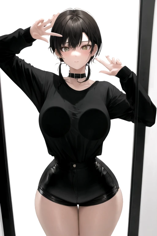 ((masterpiece,best quality anime,Highest quality:1.3)),realistic,upper body,1woman,(30 year old beauty),((very small head:1.4)),((very long body:1.4)),(short bob hair),black hair,(gorgeous big eyes),black eyes,shy,((slender body:1.4,skinny:1.3)),medium breasts(Punk Fashion、Navel exposed、Black tank top,Black leather mini skirt),oily skin,gleaming skin,shiny skin,standing,on street,New York City、nsfw,