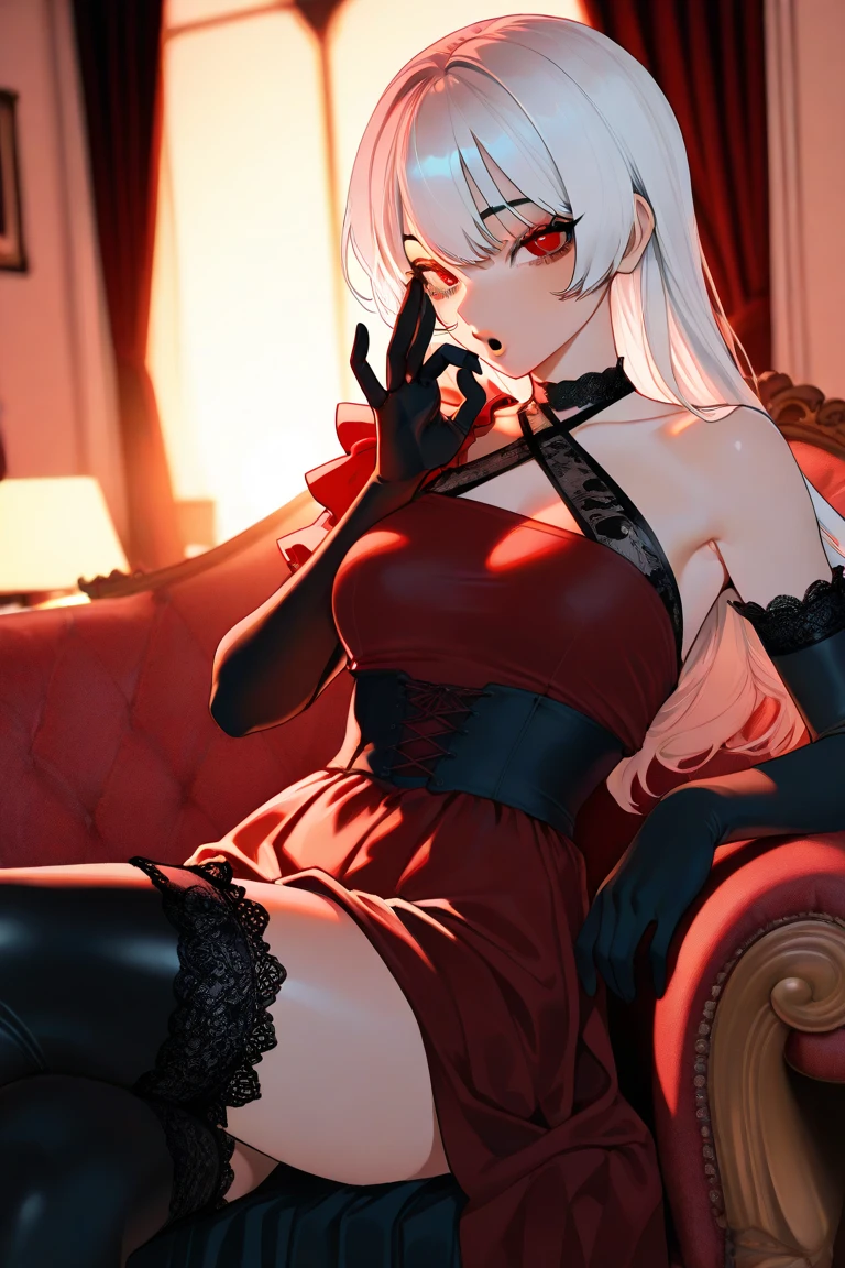Sakura, evil smile, masterpiece, best quality, detailed, 1girl, solo, (body marks, corruption), red ribbon, room with sunlight, good anatomy, crossed legs, detailed face, hd, white skin, pale, black dress, sensual, sexy, sensual pose, sweat, lots of sweat, white hair, medium breasts, full body