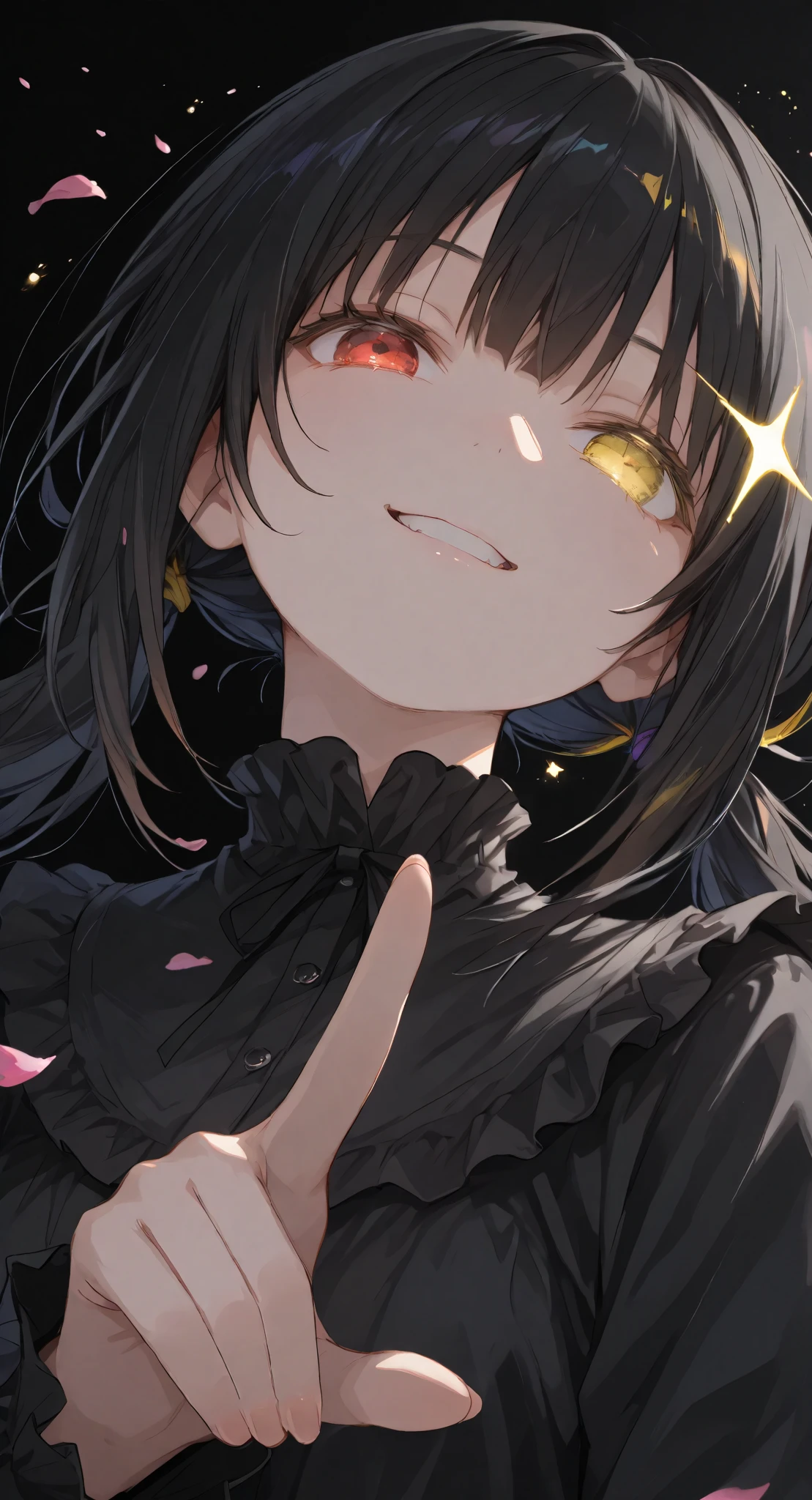 masterpiece,best quality,amazing quality,very aesthetic,absurdres,newest,impactful picture,offcial art,movie perspective,TokisakiKurumi, black hair, twintails, heterochromia, red eye, yellow eye, clock eyeslimited palette,((black background)),colorful,vibrant,glowing outline,neon,blacklight,((looking at viewer)),from_above,face focus,evil_grin,pointing,glowing_hair,brilliant brilliance, (falling star), light particles, details, dutch angle, ((petals))