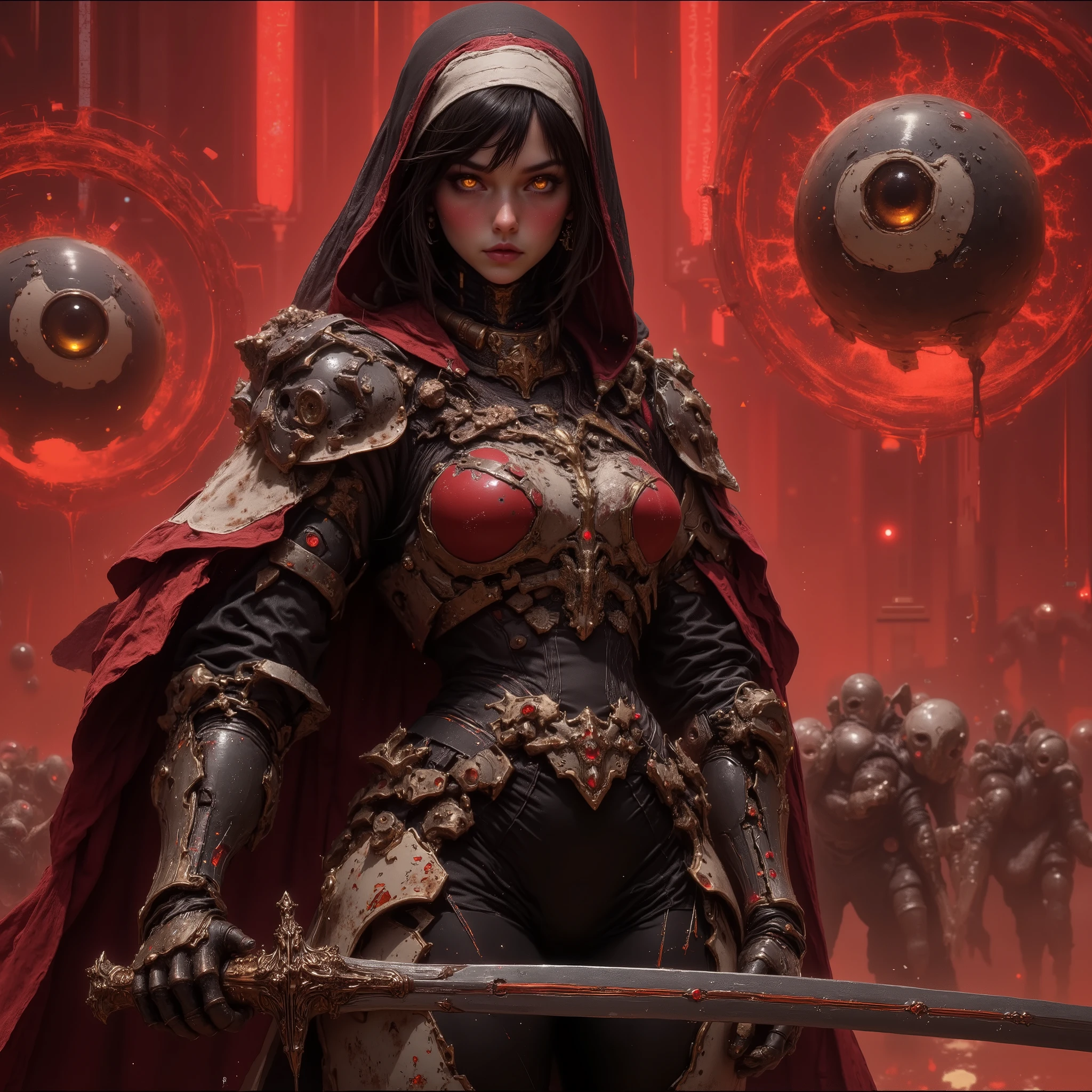 Cybernetic combat Nun with Shoulder length Black hair, tanned skin, glowing Golden Irises with black pupils and white Scalera, wielding a High tech Long Sword, Wearing a Red and Black Nun's Habit on her head, wearing a Black and Metallic Red High-Tech powered armor with golden accents and Silver cross on the armor, Red and Black Binary Code streaming in the background, Giant Golden Eyeballs Floating in the Air