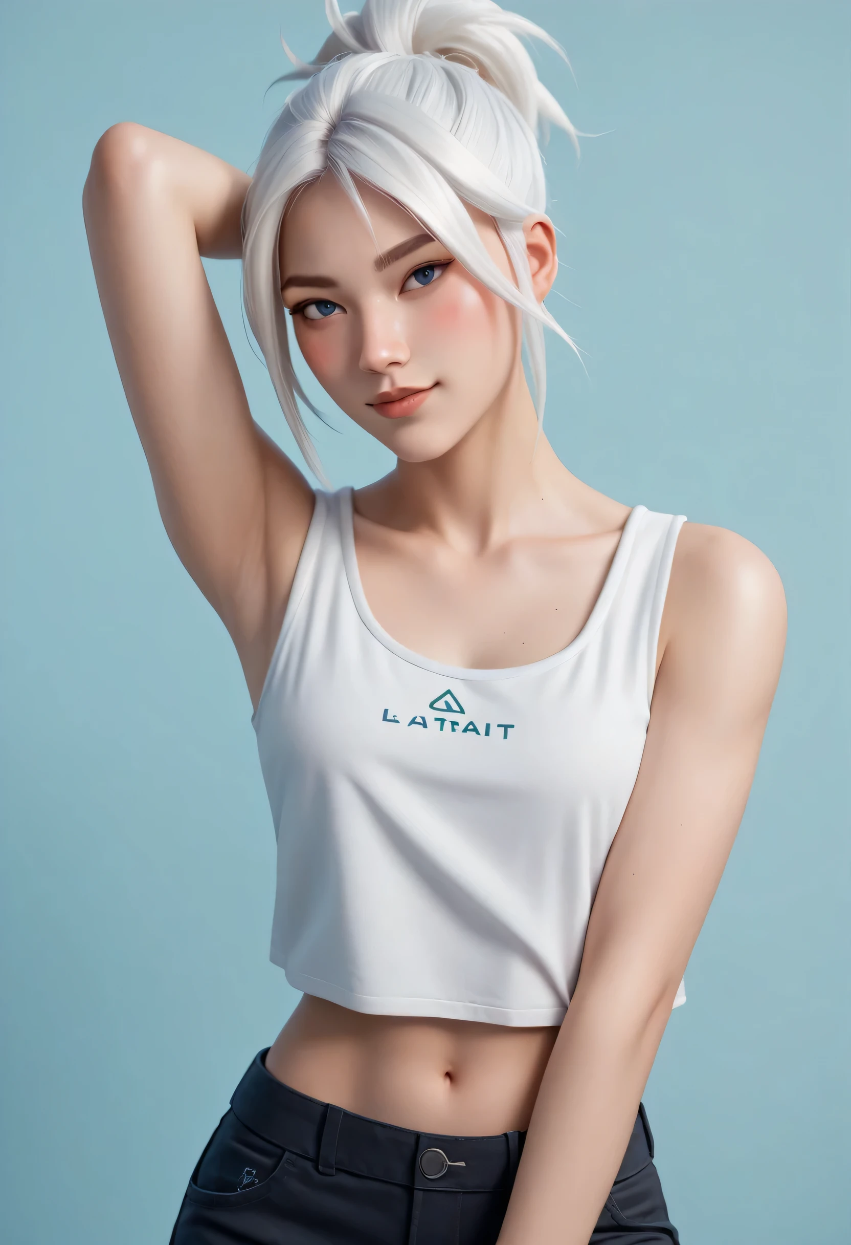 score_9, score_8_up, score_7_up,source_anime, high res image,masterpiece,best quality,girl,cute face,clear skin,jett_valorant,white hair,white tanktop,blushes,seductive,shy smile,arm raised,short pants,sexy belly,