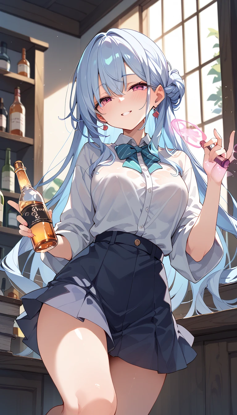 ((masterpiece)), (best quality), cute teenage girl, (White Rat Costume), (small breast), (fluffy croptop), silky long hair, choker, cleavage, cowboy shot, (against the bar), indoor, (bar), blush smile, open mouth, place hands on chest, beautiful food, (old wine), sweaty breast
