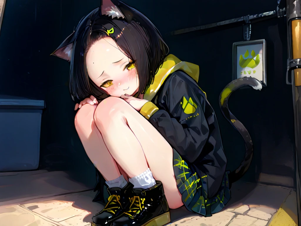 masterpiece, best quality, 1girl, solo, black hair, blunt bangs, (braided buns), ((short twintails)), yellow eyes, black overalls, sneakers, sitting on the wooden box, with one's hand in one's pocket, blowing bubble gum, expressionless, slightly offended, in the alleys, dark, raining, in the night, with the moon, ((with the black cat which has yellow eyes))