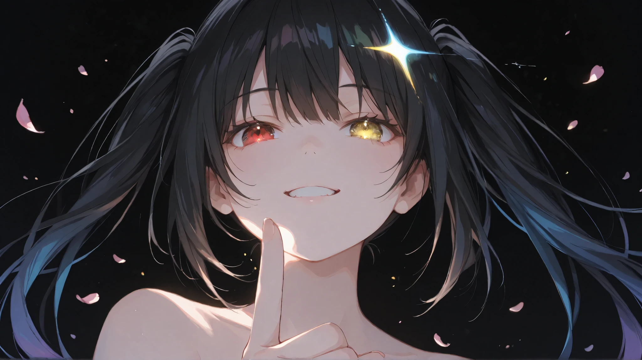 masterpiece,best quality,amazing quality,very aesthetic,absurdres,newest,impactful picture,offcial art,movie perspective,TokisakiKurumi, black hair, twintails, heterochromia, red eye, yellow eye, clock eyeslimited palette,((black background)),colorful,vibrant,glowing outline,neon,blacklight,((looking at viewer)),from_above,face focus,evil_grin,pointing,glowing_hair,brilliant brilliance, (falling star), light particles, details, dutch angle, ((petals))