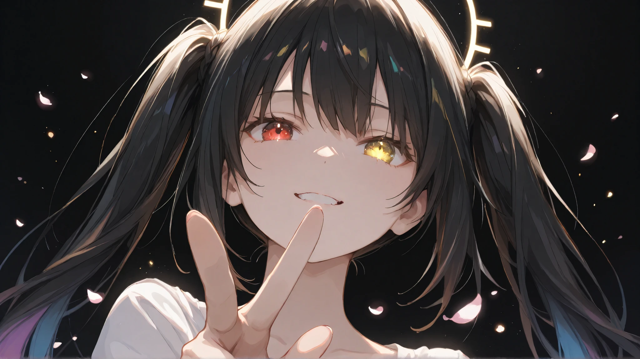 masterpiece,best quality,amazing quality,very aesthetic,absurdres,newest,impactful picture,offcial art,movie perspective,TokisakiKurumi, black hair, twintails, heterochromia, red eye, yellow eye, clock eyeslimited palette,((black background)),colorful,vibrant,glowing outline,neon,blacklight,((looking at viewer)),from_above,face focus,evil_grin,pointing,glowing_hair,brilliant brilliance, (falling star), light particles, details, dutch angle, ((petals))

