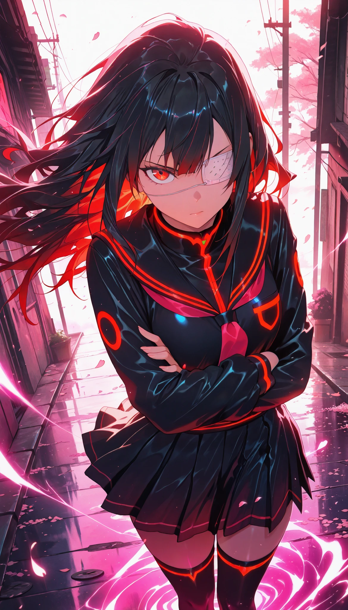 aniwall, anime, aesthetic, 8k wallpaper, detailed, 1girl, long_hair, looking_at_viewer, serious, confident, medical_eye_patch, left_eye_patch, black_hair, red_eyes, school_uniform, black_uniform, gold_accents, high_collar, pleated_skirt, thighhighs, jacket, commanding_pose, crossed_arms, standing, wind-blown_hair, dramatic_lighting, dark_aesthetic, hdr, low_contrast, masterpiece, best quality, absurdres, highres, perfect anatomy, perfect lighting, (sharp image), dynamic angle, cinematic, moody, powerful, authority, leader_aura, subtle_glow, intense_stare, glowing_background, urban_environment, dystopian_vibes, cherry_blossom_petals_falling, wind_effect, motion_blur
