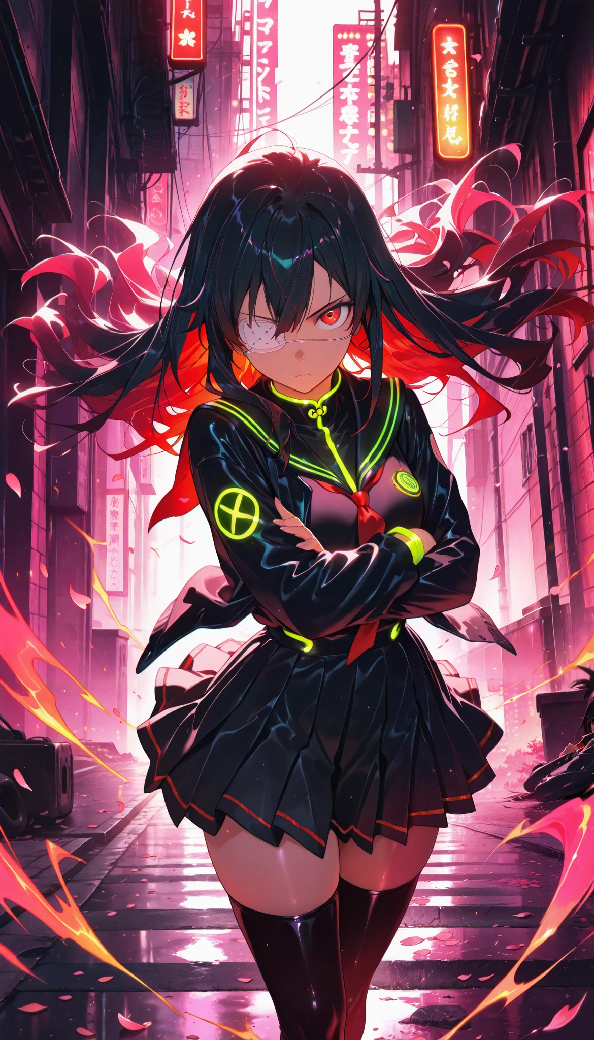 aniwall, anime, aesthetic, 8k wallpaper, detailed, 1girl, long_hair, looking_at_viewer, serious, confident, medical_eye_patch, left_eye_patch, black_hair, red_eyes, school_uniform, black_uniform, gold_accents, high_collar, pleated_skirt, thighhighs, jacket, commanding_pose, crossed_arms, standing, wind-blown_hair, dramatic_lighting, dark_aesthetic, hdr, low_contrast, masterpiece, best quality, absurdres, highres, perfect anatomy, perfect lighting, (sharp image), dynamic angle, cinematic, moody, powerful, authority, leader_aura, subtle_glow, intense_stare, glowing_background, urban_environment, dystopian_vibes, cherry_blossom_petals_falling, wind_effect, motion_blur