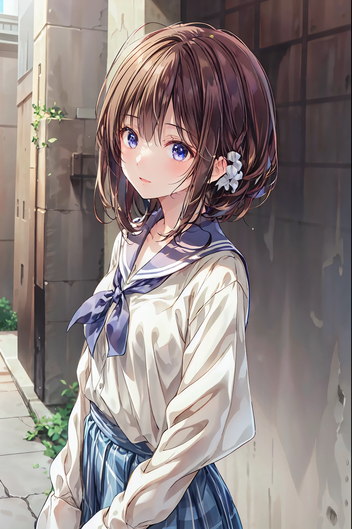 The body is eight times longer than the head, ( Highly Detailed CG Unity 8K), (TOP QUALITY),(very well detailed),(Ultra High Definition), black hair, female high school student in a dark blue sailor suit, animated 2d rendering, Realistic Young Anime High School Girl , (( white headband )), purple eyes, small breasts, is tall, Slanted Eyes , (School view), black stockings , bright color, open your mouth , dark blue skirt, bob cut, Location, Female high school student in dark blue sailor suit falling with her back to the ground , has a smiling face,