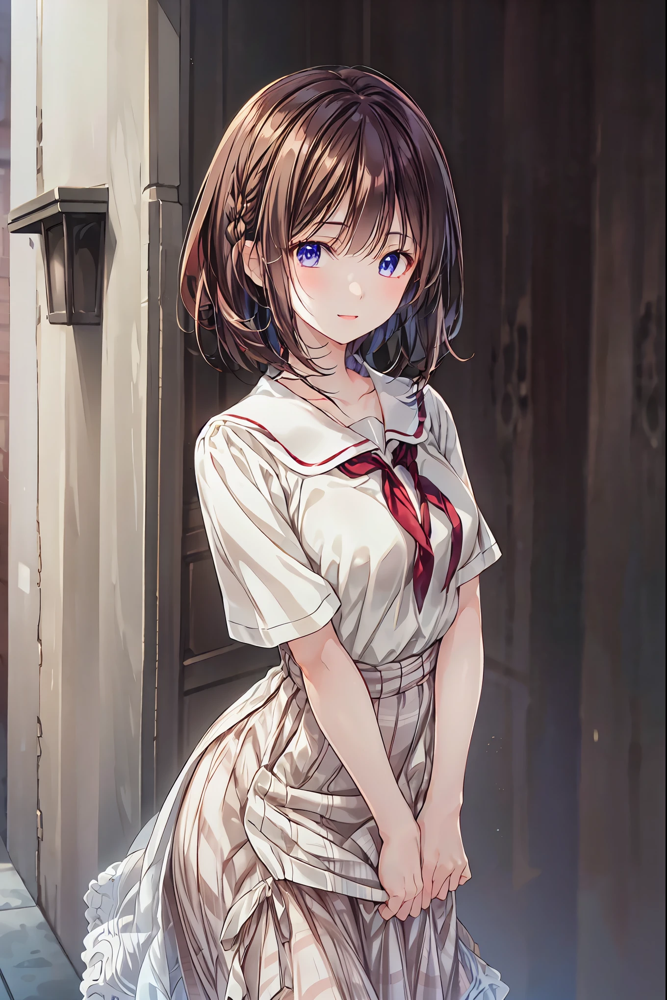 The body is eight times longer than the head, ( Highly Detailed CG Unity 8K), (TOP QUALITY),(very well detailed),(Ultra High Definition), black hair, female high school student in a dark blue sailor suit, animated 2d rendering, Realistic Young Anime High School Girl , (( white headband )), purple eyes, small breasts, is tall, Slanted Eyes , (School view), black stockings , bright color, open your mouth , dark blue skirt, bob cut, Location, Female high school student in dark blue sailor suit falling with her back to the ground , has a smiling face,