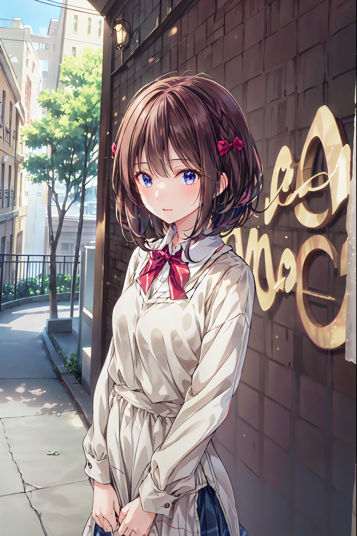 The body is eight times longer than the head, ( Highly Detailed CG Unity 8K), (TOP QUALITY),(very well detailed),(Ultra High Definition), black hair, female high school student in a dark blue sailor suit, animated 2d rendering, Realistic Young Anime High School Girl , (( white headband )), purple eyes, small breasts, is tall, Slanted Eyes , (School view), black stockings , bright color, open your mouth , dark blue skirt, bob cut, Location, Female high school student in dark blue sailor suit falling with her back to the ground , has a smiling face,