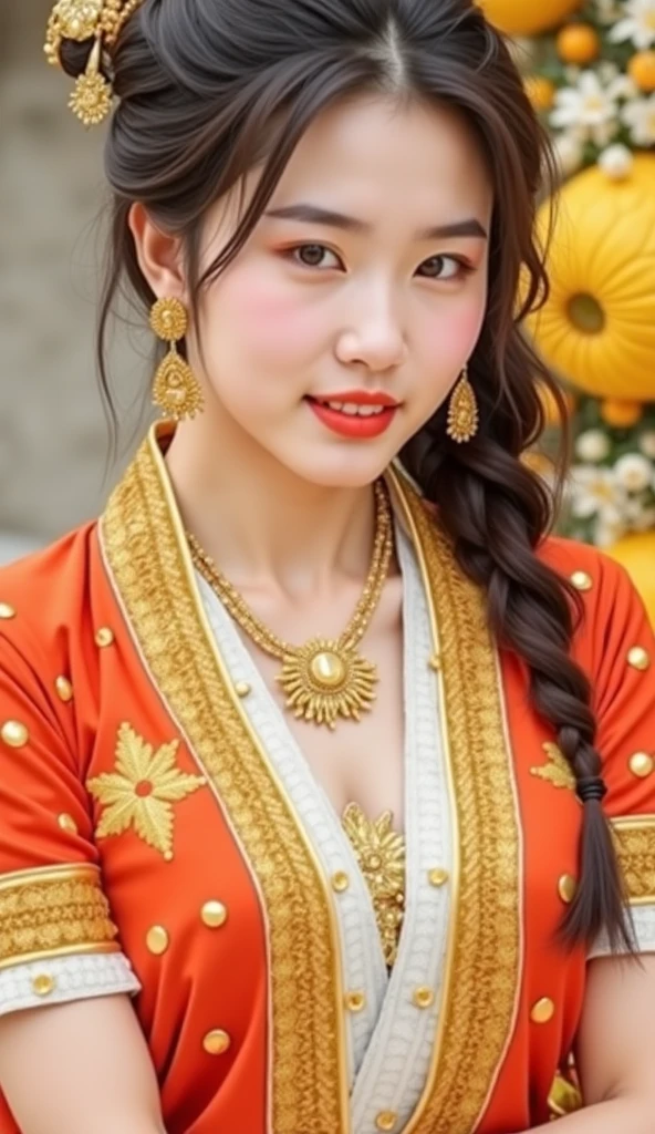 (((best quality))),(((ultra detailed))),(((masterpiece))),illustration,a beautiful Tibetan girl,solo,slim,flat chest,Plush hat,snow-capped plateau,magnificent red traditional open outfit,radiant smile,Standing by the roadside,vast verdant grasslands,majestic snow-capped peaks,striking appearance,dark almond-shaped eyes,sparkling with joy,long flowing black hair,intricate braids,colorful beads,jewelries,intricately woven ribbons,red rob embroidered with golden threads,Tibetan culture,lush green grasslands,serene ambiance,sheep and yaks grazing,crisp air,invigorating scent of the highland,beauty and resilience,pure bliss
