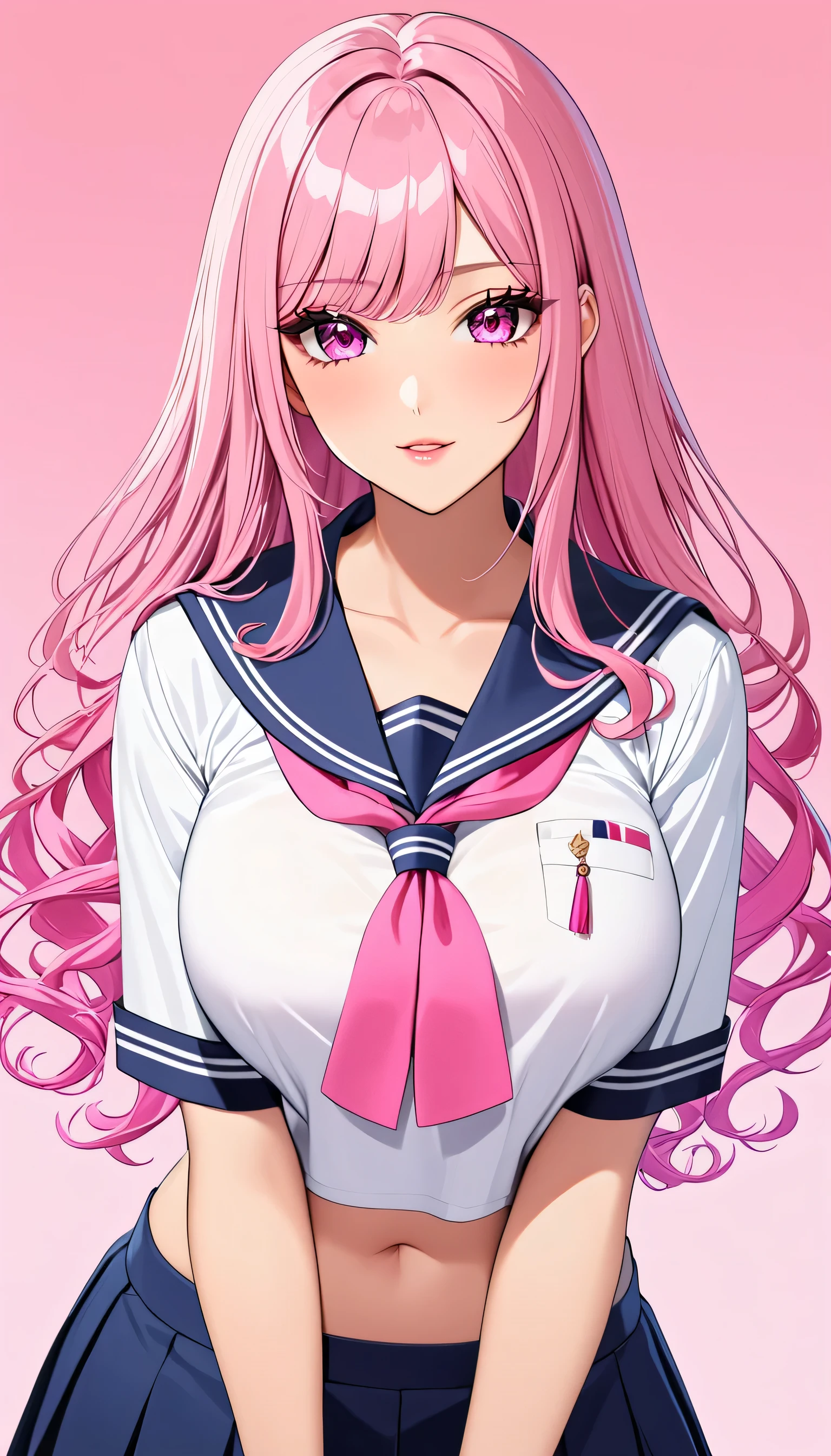 top quality Masterpiece high definition Masterpiece pink long hair, curly hair, pink Eyes, big breast, plain backround, pink backround, no backround, seifuku, girl, sailor, make up, full navy oitfut color,gyaru, pink ombre hair 2 tone