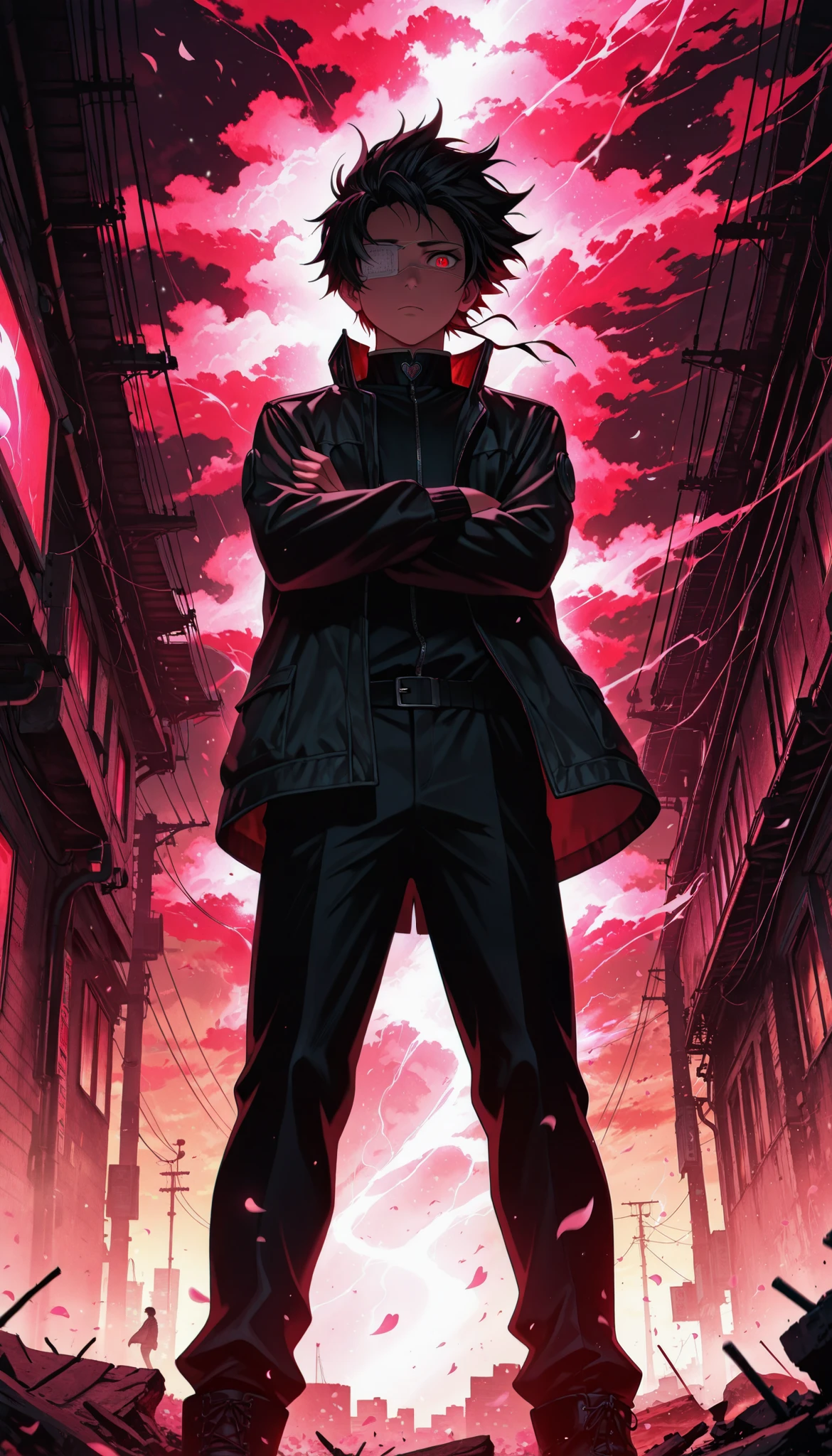 aniwall, anime, aesthetic, 8k wallpaper, detailed, 1boy, short_hair, looking_at_viewer, serious, confident, medical_eye_patch, left_eye_patch, black_hair, red_eyes, school_uniform, black_uniform, gold_accents, high_collar, black_pants, jacket, commanding_pose, crossed_arms, standing, wind-blown_hair, dramatic_lighting, dark_aesthetic, hdr, low_contrast, masterpiece, best quality, absurdres, highres, perfect anatomy, perfect lighting, (sharp image), dynamic angle, cinematic, moody, powerful, authority, leader_aura, subtle_glow, intense_stare, glowing_background, urban_environment, dystopian_vibes, cherry_blossom_petals_falling, wind_effect, motion_blur