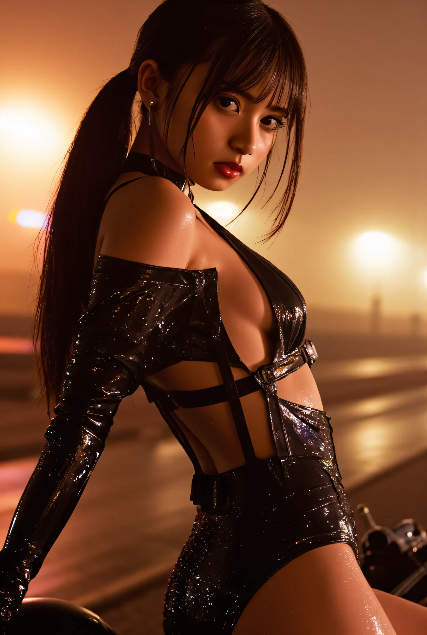 straight-on,upper-body,looking a viewer, BREAK, cartoony_Felicia_Black Cat Long hair,white colored hair,lipstick,blue eyes,makeup,lips,large breasts,clavicle,red-lips,claws,extra very long hair, mask,Bodysuit,domino mask,gloves,Choker,white gloves,collar,superhero,black bodysuit,fur-trim,cleavage,skin tight,zipper,spiked collar,unzipped,Jewelry,black choker,latex,glittering,center opening, BREAK, official arts,extremely detailed CG unity 8k wallpaper, perfect lighting,Farbeful, Bright_front_s face_illumination,sparkly skin, (Masterpiece:1.0),(Best_Quality:1.0), extra high resolution,4K,Ultra-detailed, photografic, 8K, HDR, hight resolution, (absurdress:1.2), Kodak portra 400, Film grain, blurred background, (bokeh:1.2), lens flare, (Vibrants_Farbe:1.2),professional photo of a, (Beautiful_s face:1.5), Protruding Breasts, torpedo , Hypermuscular Body, Very muscular girl, Super Huge Biceps, ripped muscles, White long hair, city background at night, rooftop skyscraper