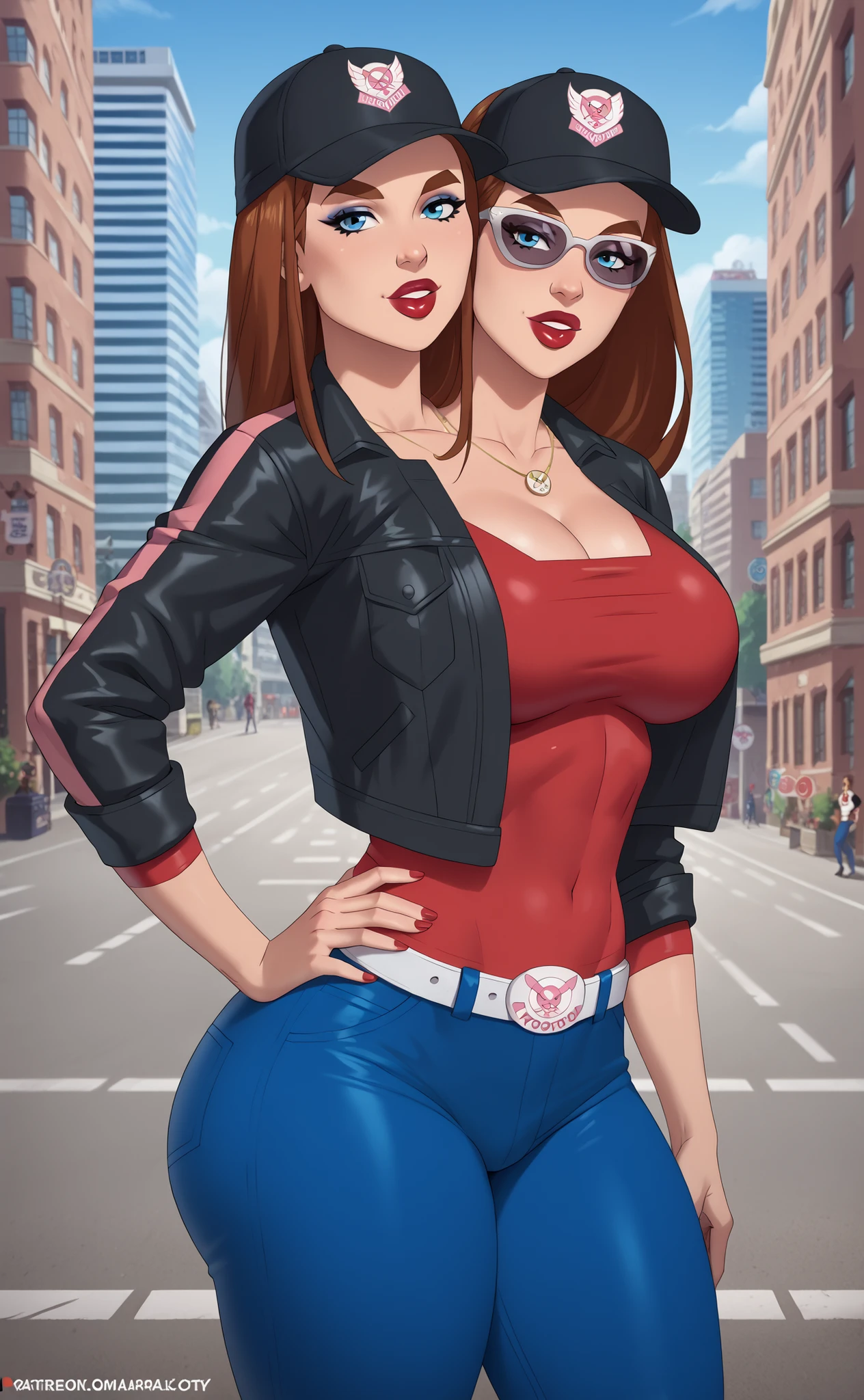 score_9, score_8_up, score_7_up, absurdres,contrapposto, hand on hip, midday, sidelighting, walking in city, vanishing point, depth of field, solo, looking at viewer, BREAK MainOutfit_AtomEve_ownwaifu, 1girl, conjoined, three heads, brown hair, blue eyes, long hair, nose, eyelashes, shiny hair, straight hair, thick eyebrows, thick lips, conjoined, two heads, large breasts, thighs, makeup, hockey jersey, black biker jacket, red lips, blue jeans, white belt, red runners, necklace, sunglasses, jewelry, seductive, big butt, baseball cap