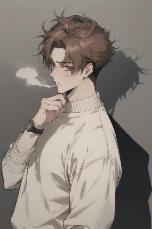 Wearing a greyish earth-toned shirt、A Westerner smoking a cigarette with his index and middle fingers raised on his right hand, Cool brown eyes, Sulky look