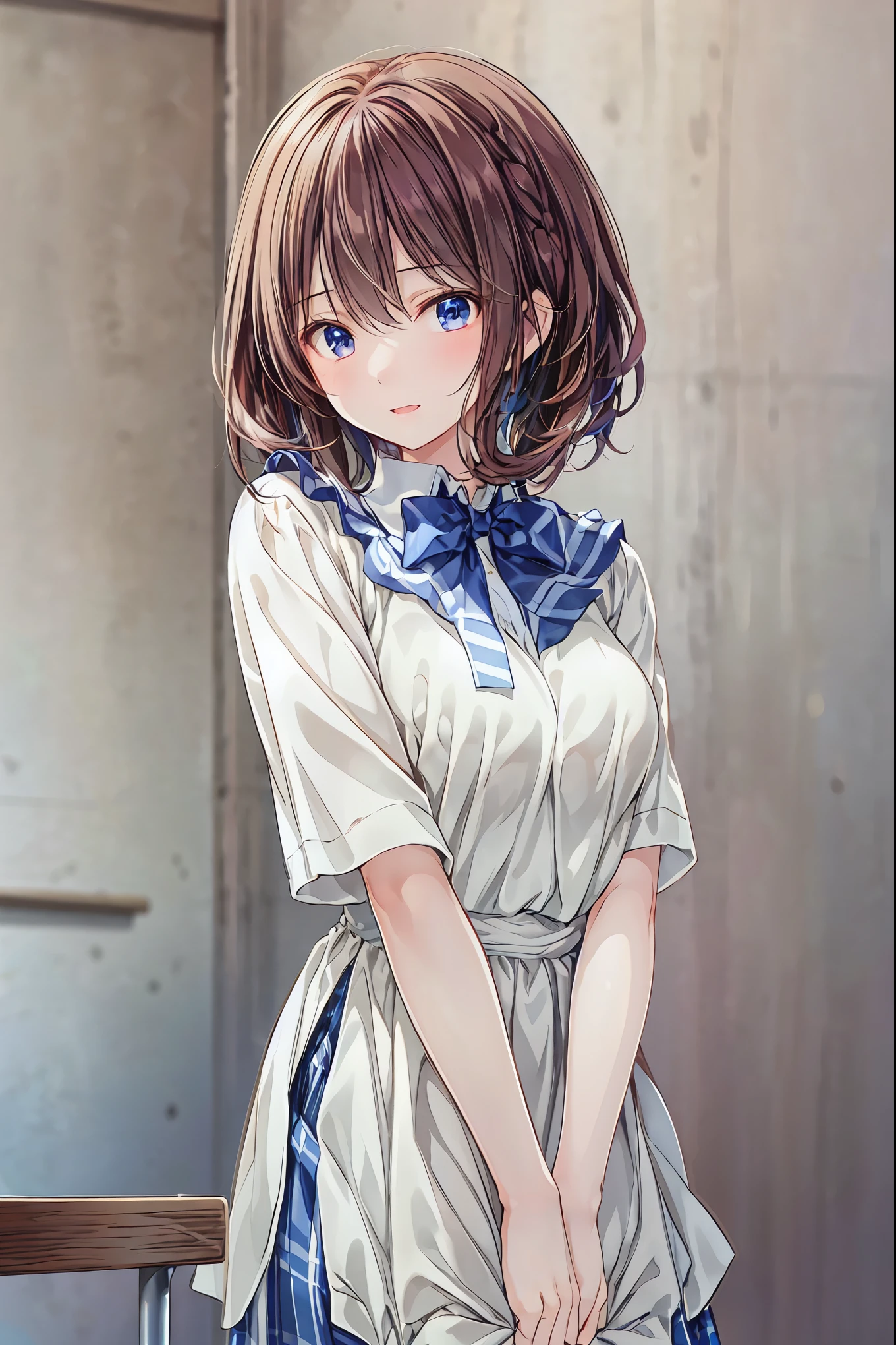 The body is eight times longer than the head, ( Highly Detailed CG Unity 8K), (TOP QUALITY),(very well detailed),(Ultra High Definition), Hair, female high school student in a dark blue sailor suit, ((classroom)), animated 2d rendering, Realistic Young Anime High School Girl , (( white headband )), purple eyes, small breasts, is tall, Slanted Eyes , ( school classrooms), black stockings , bright color, open your mouth , dark blue skirt, bob cut, Location, Female high school student in dark blue sailor suit falling with her back to the ground , has a smiling face,