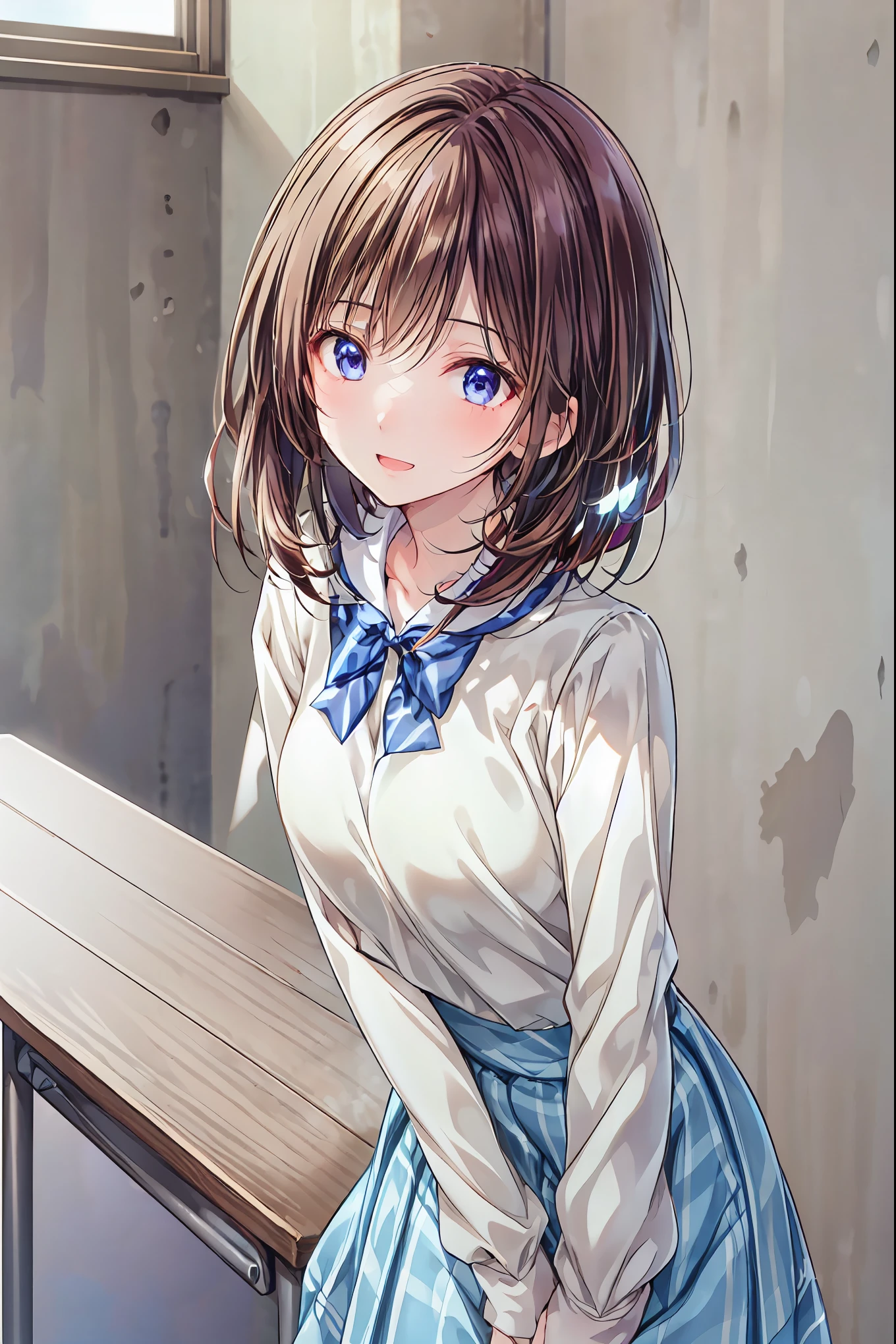 The body is eight times longer than the head, ( Highly Detailed CG Unity 8K), (TOP QUALITY),(very well detailed),(Ultra High Definition), Hair, female high school student in a dark blue sailor suit, ((classroom)), animated 2d rendering, Realistic Young Anime High School Girl , (( white headband )), purple eyes, small breasts, is tall, Slanted Eyes , ( school classrooms), black stockings , bright color, open your mouth , dark blue skirt, bob cut, Location, Female high school student in dark blue sailor suit falling with her back to the ground , has a smiling face,