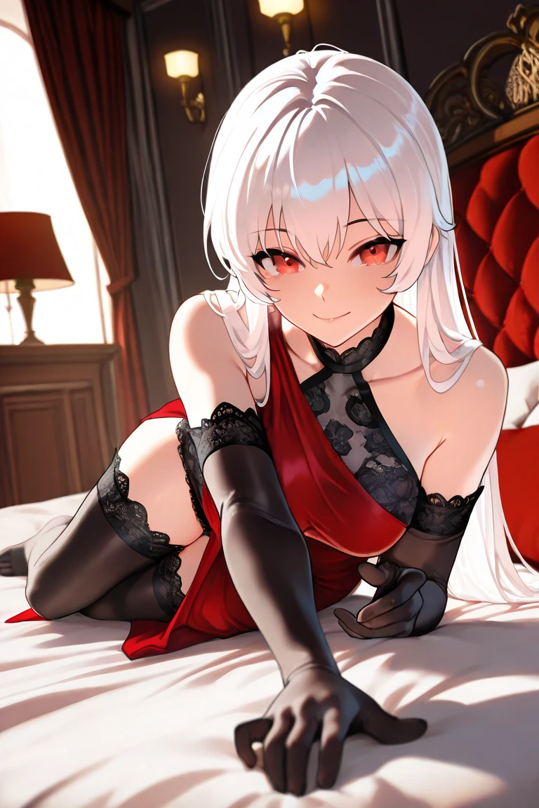 (Masterpiece), (((Best Quality)), (Super Detailed), (1 girl), White hair, long hair, red eyes, small breasts, barefoot, bangs, (NSFW Undressed), (see through nips), (no panties, no bra)), perfect hands, repaired fingers, perfect feet., background + bedroom, small chest, collarbone, emotionless, hand details, modified fingers., Watch Viewer, Cowboy Shots, Black Stockings