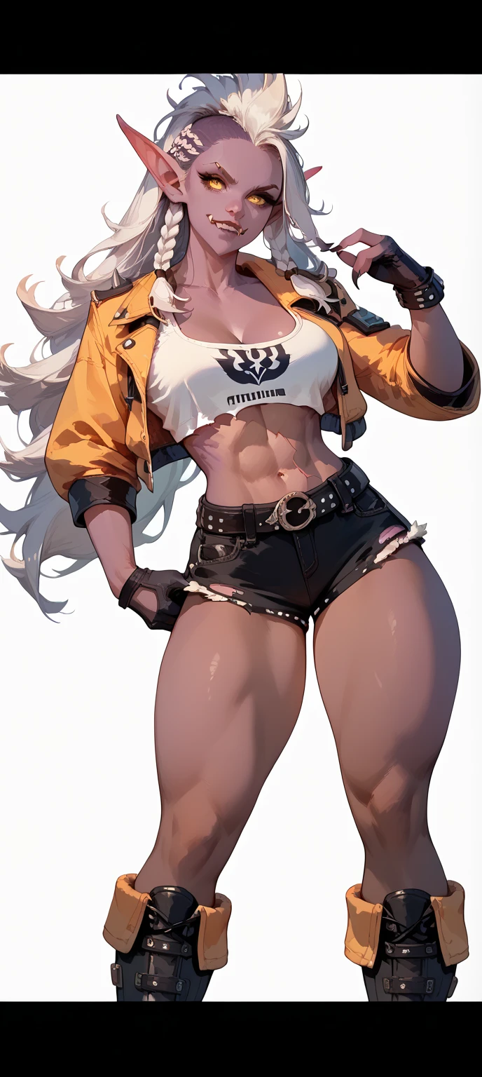 ((Masterpiece, plain background,1:2, masterpiece)) full body standing straight symmetrical against contrapposto yellow tiger print BIKINI stockings sleeves, hands on waist hips, navel, (Vladilena Milize) (grey eyes:1.5) grey long hair, hair between eyelashes