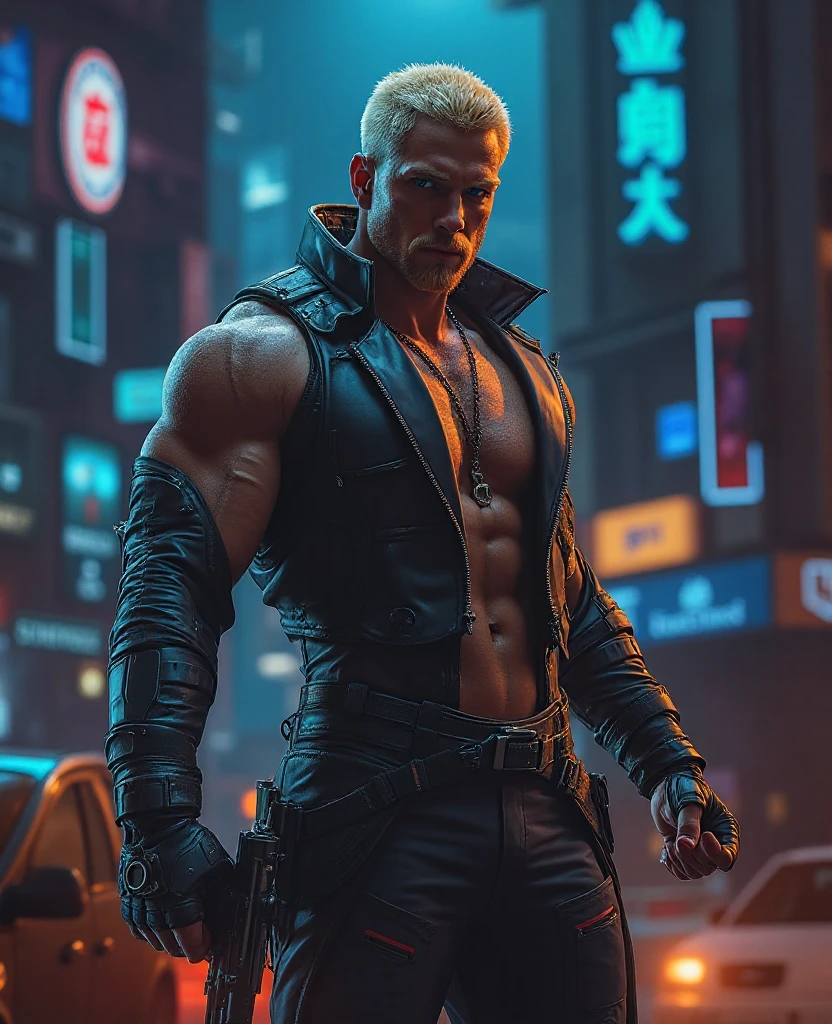 /imagine prompt: Create a 30-year-old Viking bodybuilder with white hair and 7-foot-tall Mohawk braids. His expression will be disdain as he is surrounded by a city with Freemasonry and ONO symbols in the background. He will be wearing jeans and a blue jacket with a white T-shirt. The scene will have a nocturnal atmosphere, with city lights illuminating the man's face. The atmosphere will be mysterious and imposing. Digital illustration, with detailed and realistic style, --ar 16:9 --v 5 --auto --s2