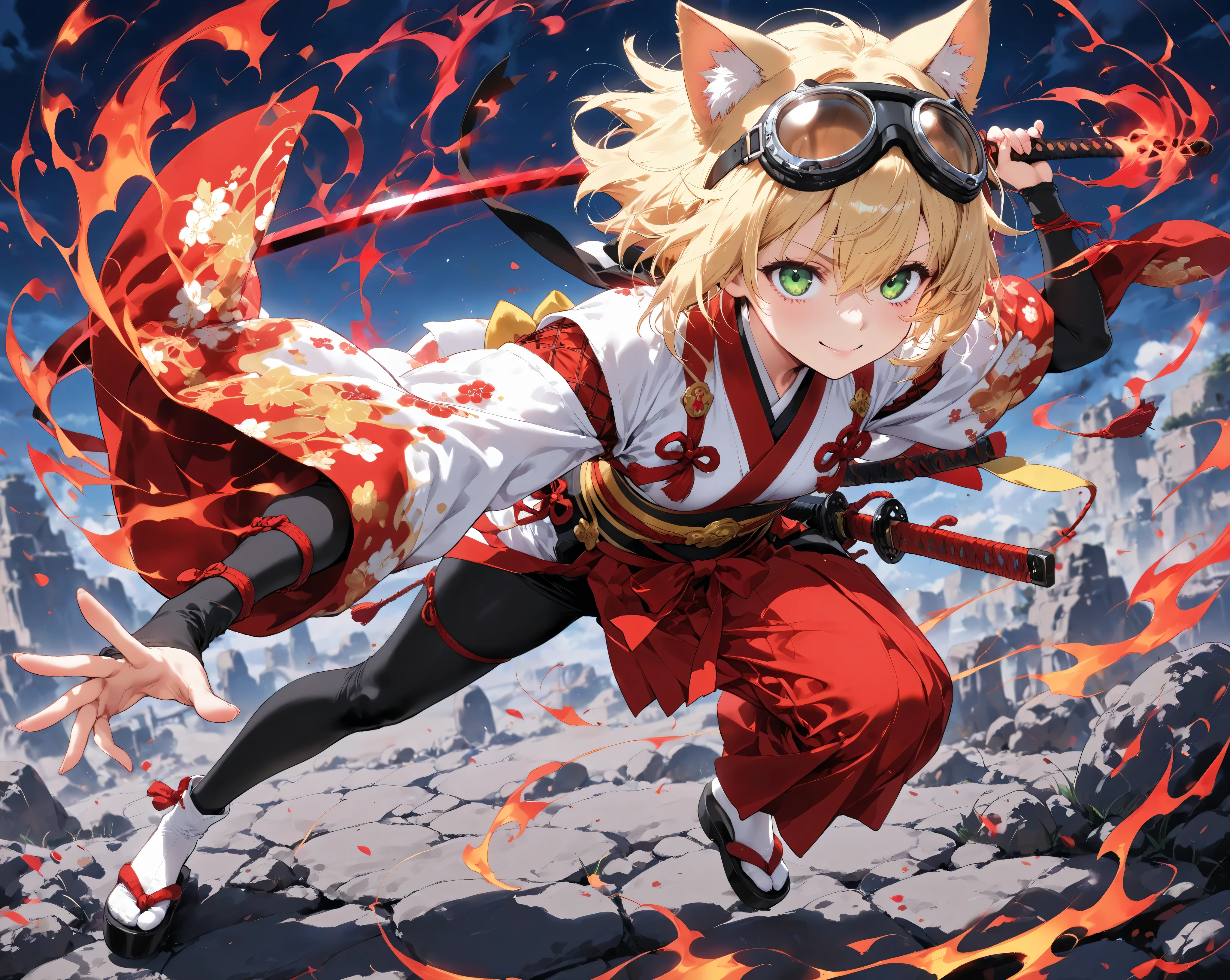 ((1 female:1.2))、 (Little samurai with a sense of dynamism:1.43)、 HDR animation , Face Zoom,Cat ears、 goggles, (Full body shot from 45 degrees oblique above:1.1)、(the moment you feel a sense of dynamism in a dead body, a movement that boldly uses your whole body:1.2)、 Best Masterpiece Movie Animation, blonde short hair、 green eyes, Beautiful Contrast and Transparency . ( Brilliant Depiction and Ultra High Resolution Masterpiece :1.1), Subtle and playful shadows are projected for a great smile、 subtle and playful shadows are projected , 100 points from every angle、Cold Stare、Narrow eyes、 (Super cool moment of attack:1.3)、((slash with katana:1.3)), Beautiful kimono and katana、(The duality of shadows and surfaces:1.3)、(A strong and positive older sister:1.1)、double eyelid in office、but、He gets scared when he gets angry or serious、eyes that shine like neon、( extends one arm straight up 、 emits a magical aura into the sky、where the magic of red and black flames scatters:1.3)