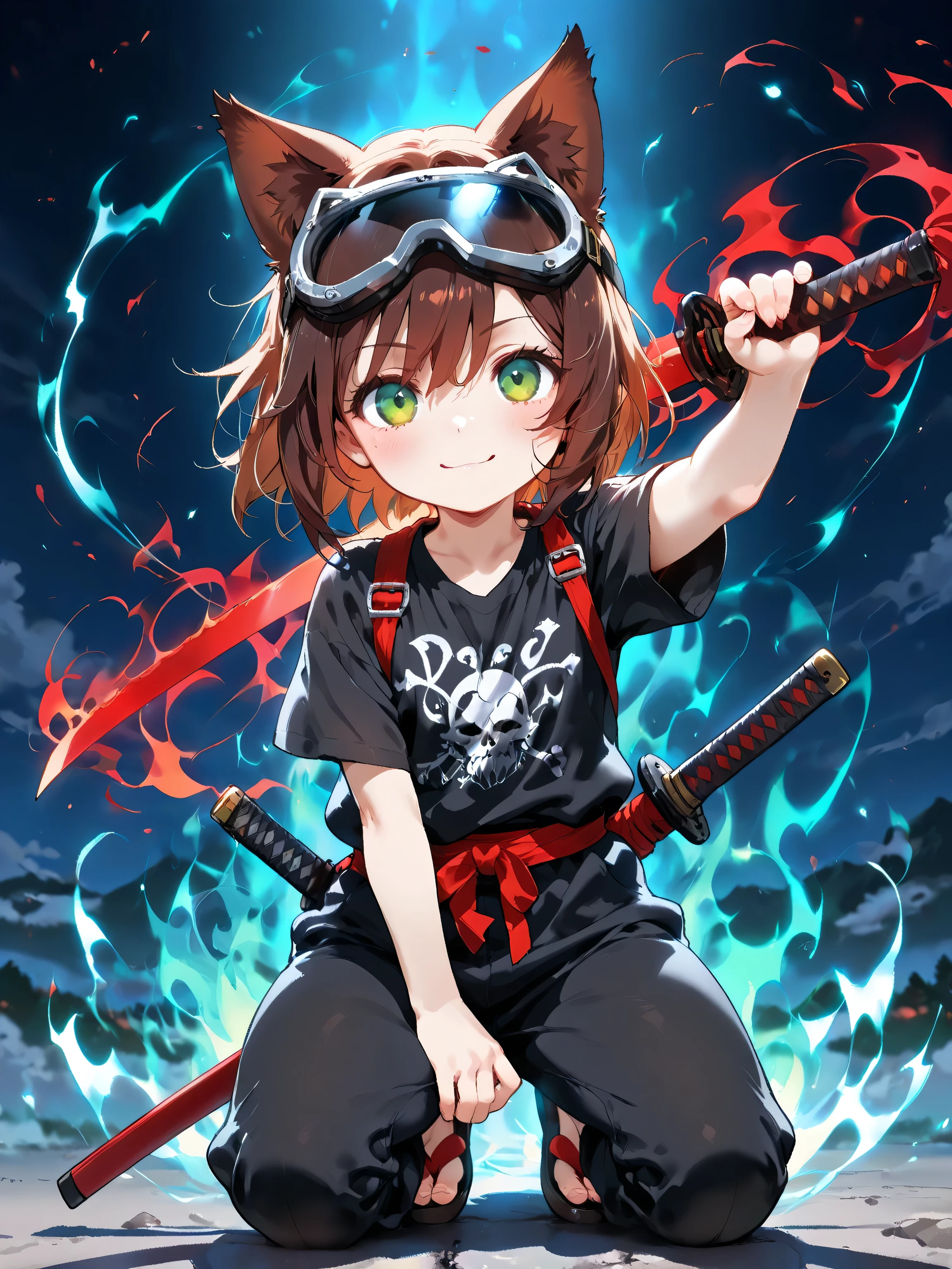 ((1 female:1.2))、 (Little samurai with a sense of dynamism:1.43)、 HDR animation , Face Zoom,Cat ears、 goggles, (Full body shot from 45 degrees oblique above:1.1)、(The moment you feel a sense of dynamism, a movement that boldly uses your whole body:1.2)、 Best Masterpiece Movie Animation, brown hair short hair、 green eyes, Beautiful Contrast and Transparency . ( Brilliant Depiction and Ultra High Resolution Masterpiece :1.1), Subtle and playful shadows are projected for a great smile、 subtle and playful shadows are projected , 100 points from every angle、Cold Stare、Narrow eyes、 (Super cool moment of attack:1.3)、((slash with katana:1.3)), The appearance of a skilled adventurer and katana、(The duality of shadows and surfaces:1.3)、(A strong and positive older sister:1.1)、double eyelid in office、but、He gets scared when he gets angry or serious、eyes that shine like neon、( extends one arm straight up 、 emits a magical aura into the sky、where the magic of red and black flames scatters:1.3)