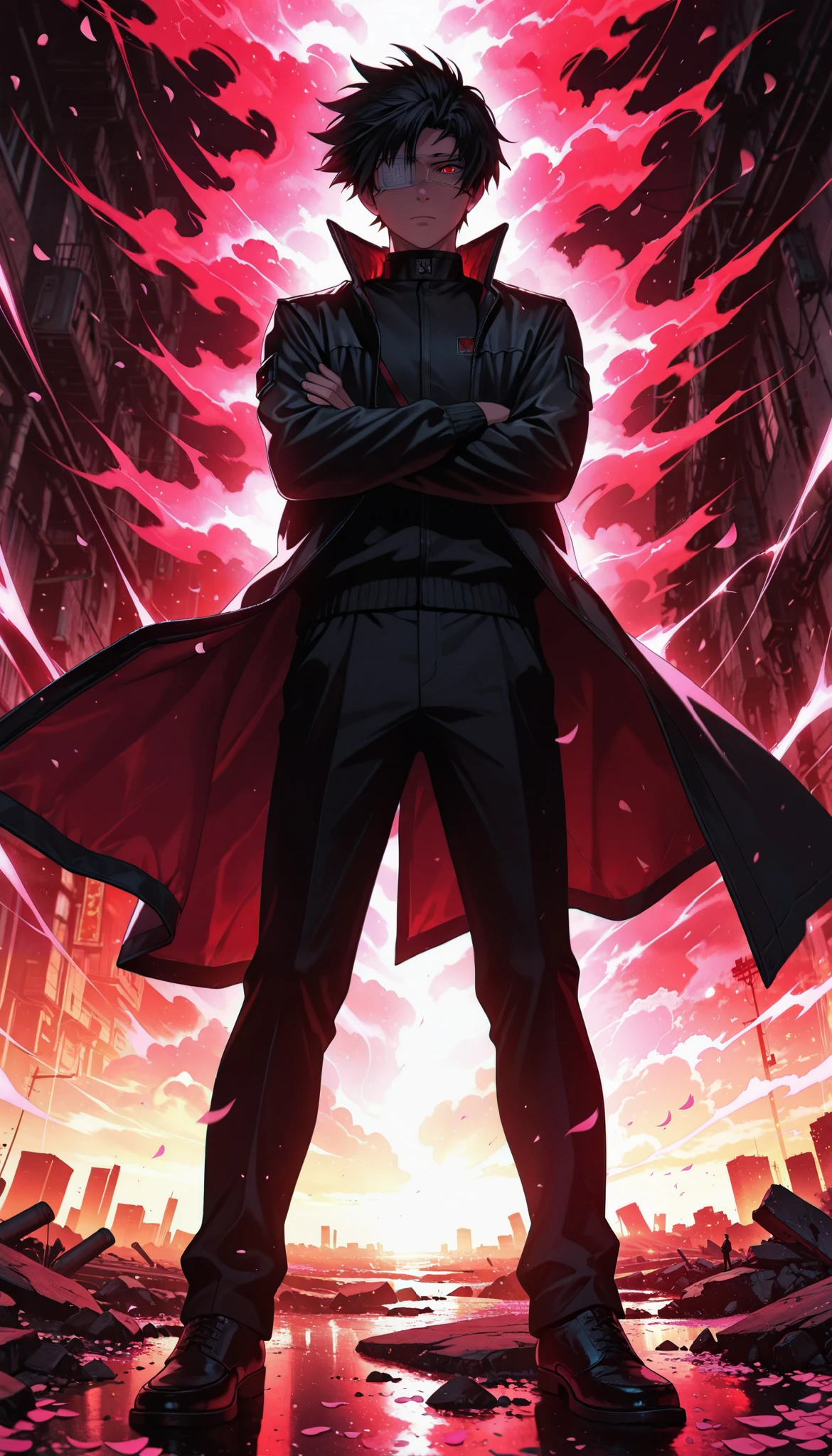 aniwall, anime, aesthetic, 8k wallpaper, detailed, 1man, handsome, short_hair, looking_at_viewer, serious, confident, medical_eye_patch, left_eye_patch, black_hair, red_eyes, school_uniform, black_uniform, gold_accents, high_collar, black_pants, jacket, commanding_pose, crossed_arms, standing, wind-blown_hair, dramatic_lighting, dark_aesthetic, hdr, low_contrast, masterpiece, best quality, absurdres, highres, perfect anatomy, perfect lighting, (sharp image), dynamic angle, cinematic, moody, powerful, authority, leader_aura, subtle_glow, intense_stare, glowing_background, urban_environment, dystopian_vibes, cherry_blossom_petals_falling, wind_effect, motion_blur