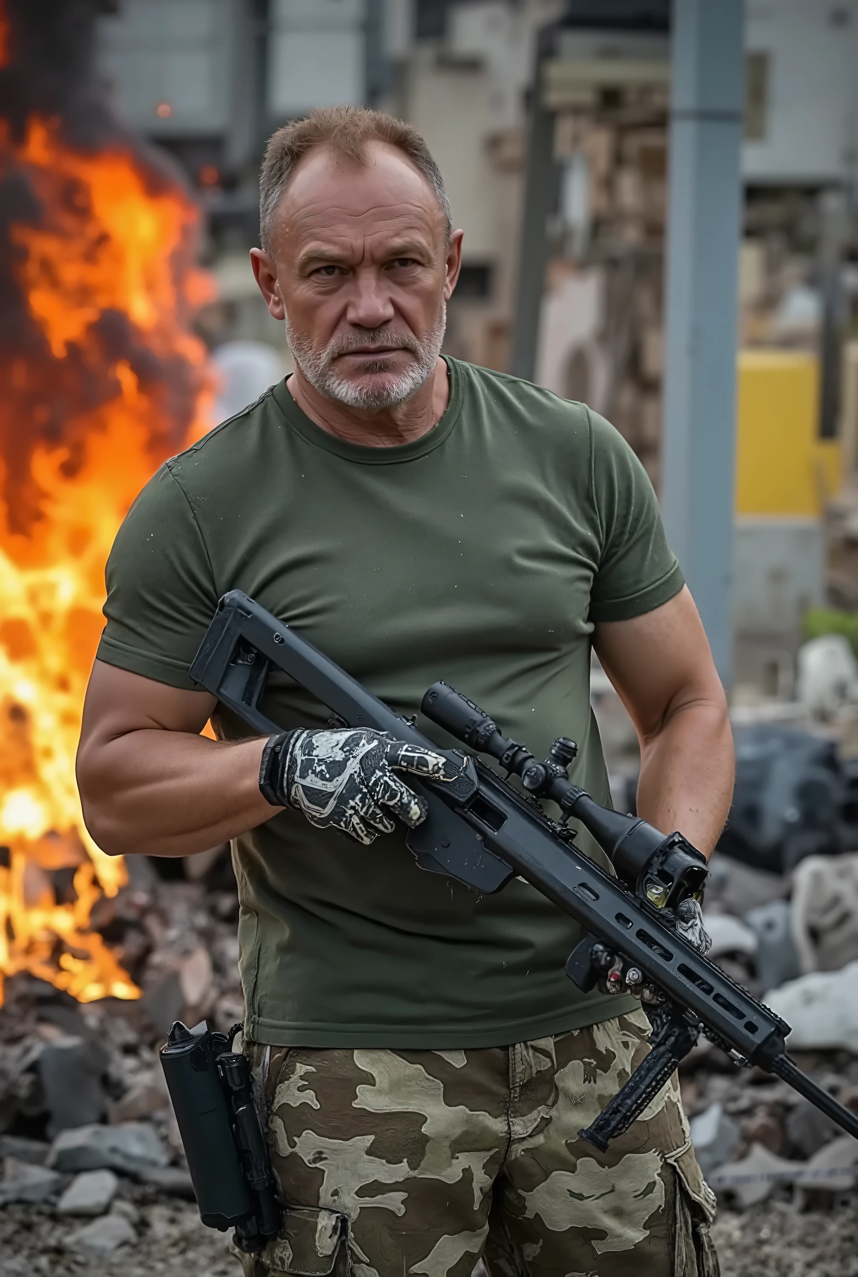 realistic, masterpiece, best quality, cinematic lighting, soft shadow, insane detail, detailed background, professional photography, depth of field, intricate, detailed face, subsurface scattering, realistic hair, realistic eyes, muscular, masculine, photo of a handsome man, indoors, destroyed city, post apocalyptic, camouflage pants, beard, (50 year old), dynamic pose, sniper rifle in hand Barrett M82, assault rifle, manly, green T-shirt, gloves, male focus, BREAK, wartime tank