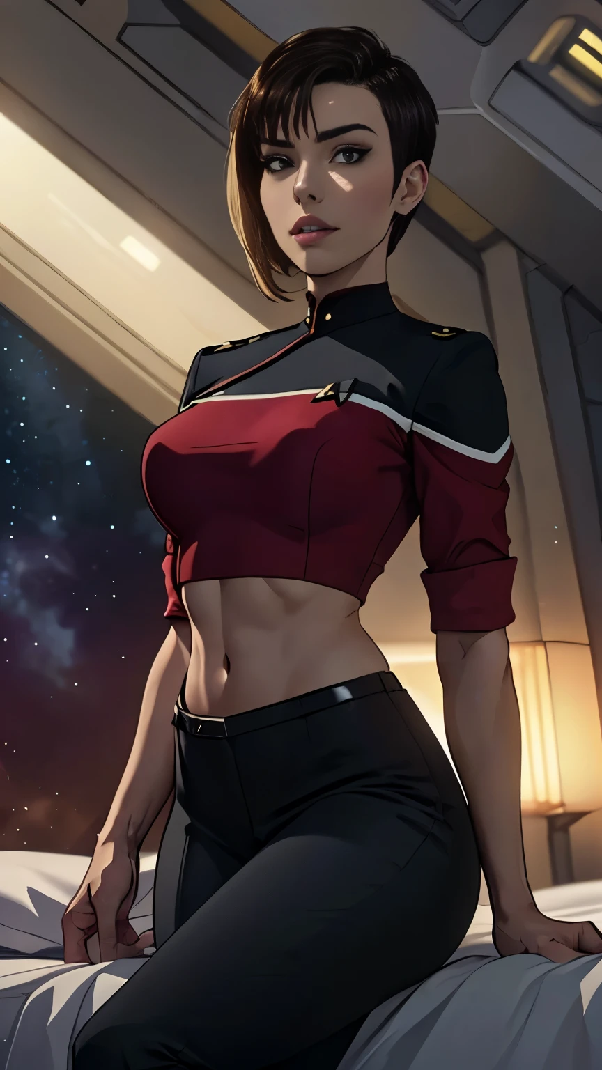 photo of mlp Meowko, RAW, beautiful woman, ((portrait)), ((detailed face:1.2)), ((anime face, anime facial feature, clear skin, glossy anime lips, clear skin), (short lesbian haircut, brunette: 1.55), (perfect proportioned body, Strong, muscular, narrow waist, narrow hips, skinny, large breasts), (she is wearing a red Starfleet uniform, lower decks cosplay, Comand uniform, black straight slacks:1.15), starship background, stars, (realistic photo, best quality, detailed), (8k wallpaper), (bright cinematic lighting, lens flares, beautiful light, (dark:1.3)) (sharp focus, intricate), laying on bed with her legs crossed