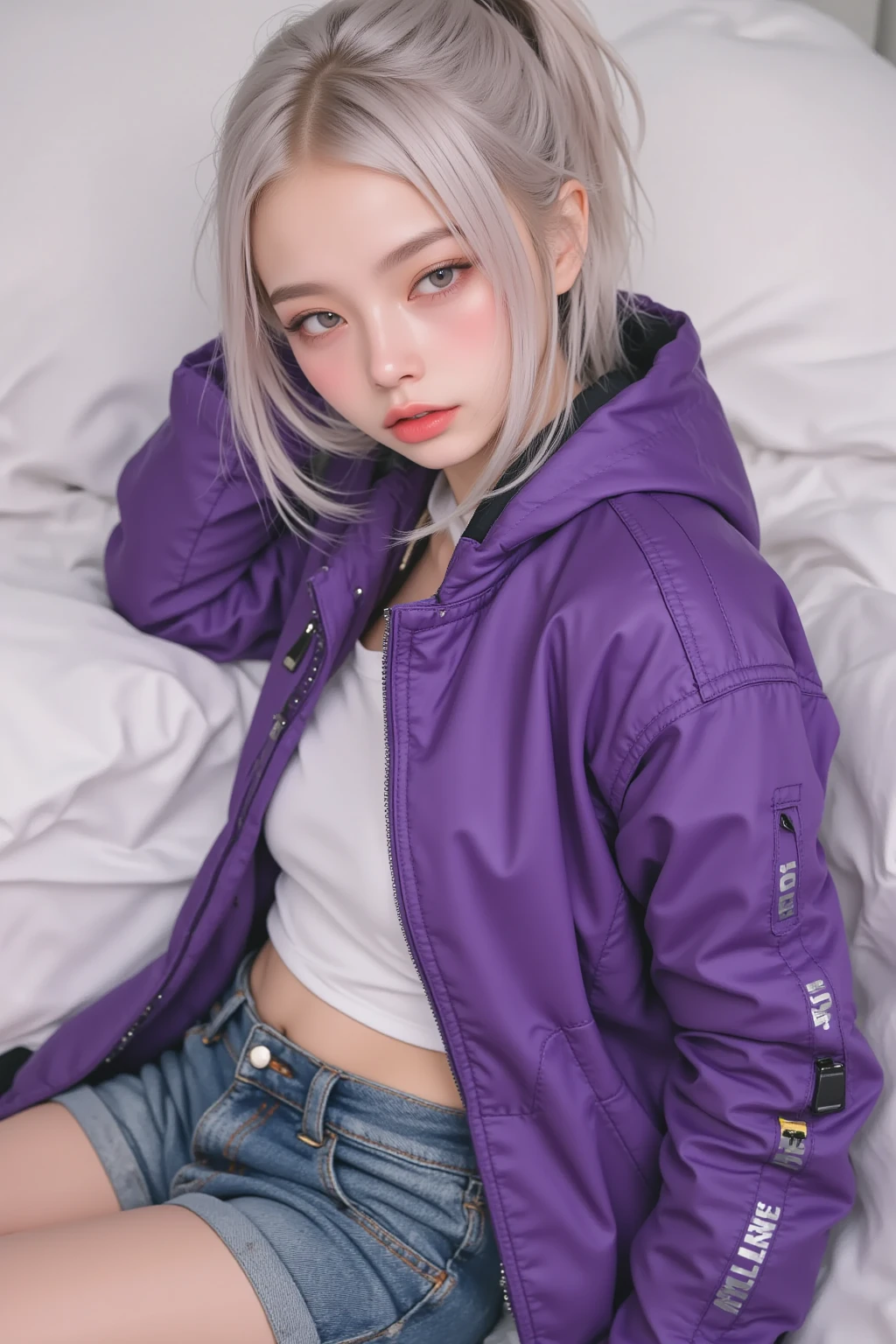 ((masterpiece)), ((best quality)), extremely detailed face, ((extremely detailed)), best pose,
a handsome girl, solo, ,
silver hair, blonde hair, ponytail, violet eyes, bright eyes,
((violet midriff jacket)), slim jacket, open jacket, shirt, denim shorts, black tights,
expressionless