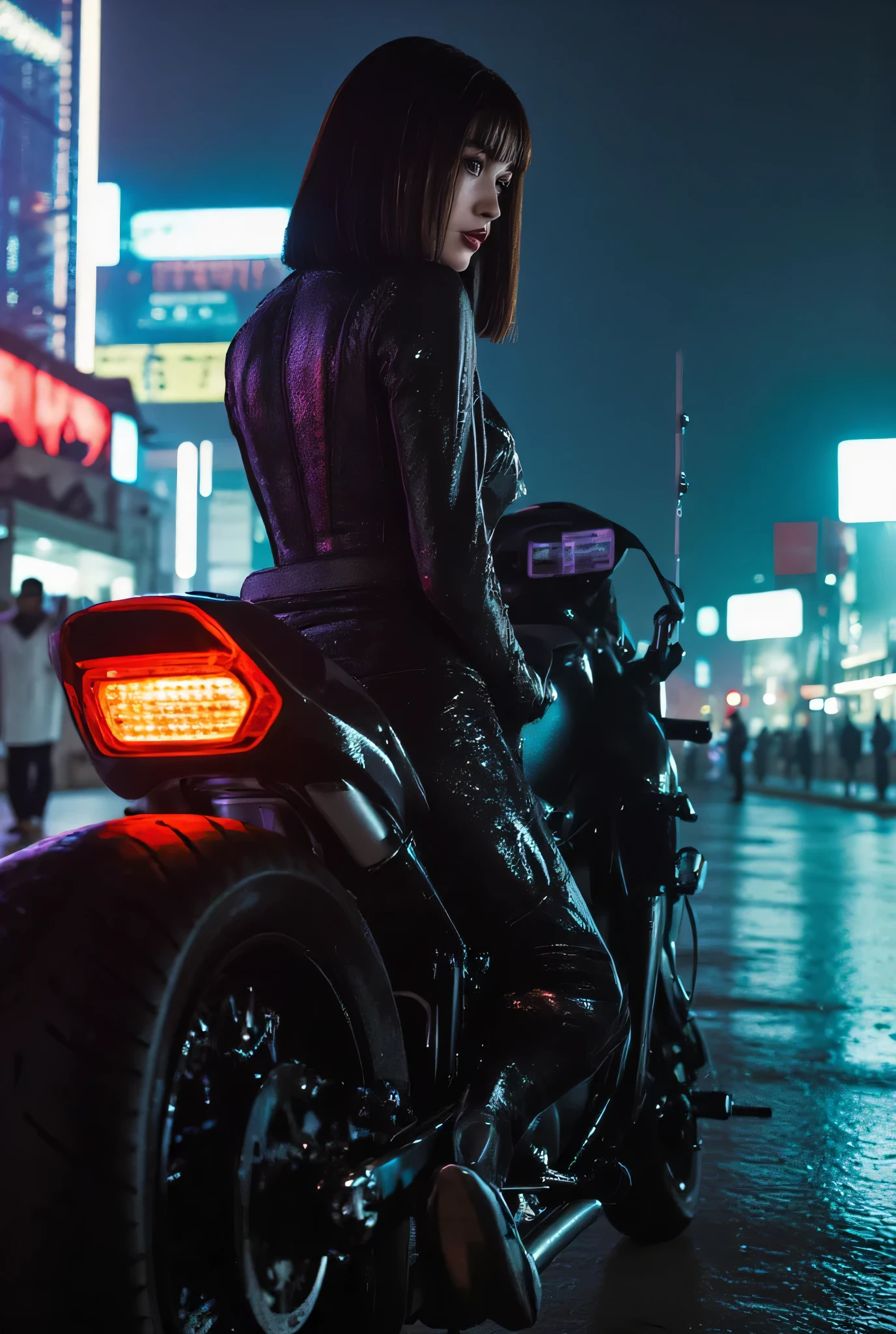 (((The dark Nostromo highway:2.0))),((( HR Gigger Style Cyberpunk Atmosphere :2.0))),((Ride a tron style bike:2.0)),(((Ride on a big cyberpunk motorcycle:2.0))),Side view from the back ,Side pose,(( Look Back and Look at the Camera:2.0)),(( looking back over my shoulder :2.0)),Rear View,((full body:2.0)), one woman,( cute face),(Beautiful well-balanced face ),(( natural big breasted :2.0)),( black hair:1.5),(beautiful eyes:1.3), glamorous shot of a 20 year old Japanese woman , Slender Beautiful Body ,((Model body type:2.0)),(( slim body with hot water:1.7)), perfect body line ,ideal proportions,(big breasts:2.0),Bare thighs, sensual thighs, delicate body,( Muscular:1.5),A harmonious posture,((Beautiful ass:2.0)),((cute ass:2.0)), ((((Bare ass :2.0)))),((( T-back :2.0))),(Realistic breast depiction :1.5),carefully depicts limbs based on perfect anatomy,((Wear a samurai kimono-style military coat with an open front over a black super high-leg leotard :2.0,((super high leg leotard made of fitted cammie-like latex:1.5)),((Samurai armor-style military jacket with an open front over a leotard:1.5)),(ear monitor:1.5),((Tactical Holster:1.5)),( gloves:1.3),concept art,(TOP QUALITY:1.5),(masterpiece:1.5),(超高resolution),resolution,UHD,( delicate depiction), carefully drawn with butterfly wings ,32K,((realistic skin texture:1.5)),((( Super realistic :1.5))), eyelashes,Highly detailed faces,Highly detailed female hand,Very sensual,(Blurry Dim Backgrounds :1.5), professional photography,( Movie Lighting:2.0),(( Blade Runner Style Lights :2.0))