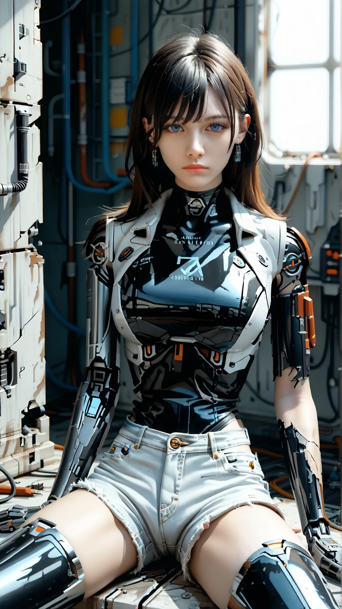 (((masterpiece))), (realism, realism texture, (science fiction, distant future), (top Quality, High Quality, top resolution, high resolution, (ultra detailed, high detailed))), (beautiful latex racing model robot girl:1.4), (she is incredible machine:1.4), (beautiful face), (thin lips, wide mouth), blue lighting eyes, (polished short shorts:1.6), (robot armor:1.4), machine frame, (black metallic latex cropped jacket:1.2), (steel knee-high greaves, (mechanical hands)), (robot joint:1.3), (robot neck joint:1.6), ((damaged machine parts, electronic component, complete parts), (severed arm:1.7), straight hair, Expressionless face, (cowboy shot:1.5), (closed mouth), (abandoned laboratory), looking at viewer, (sitting:1.2), ((spread legs:1.3), down knees:1.3) , (from above:1.3)