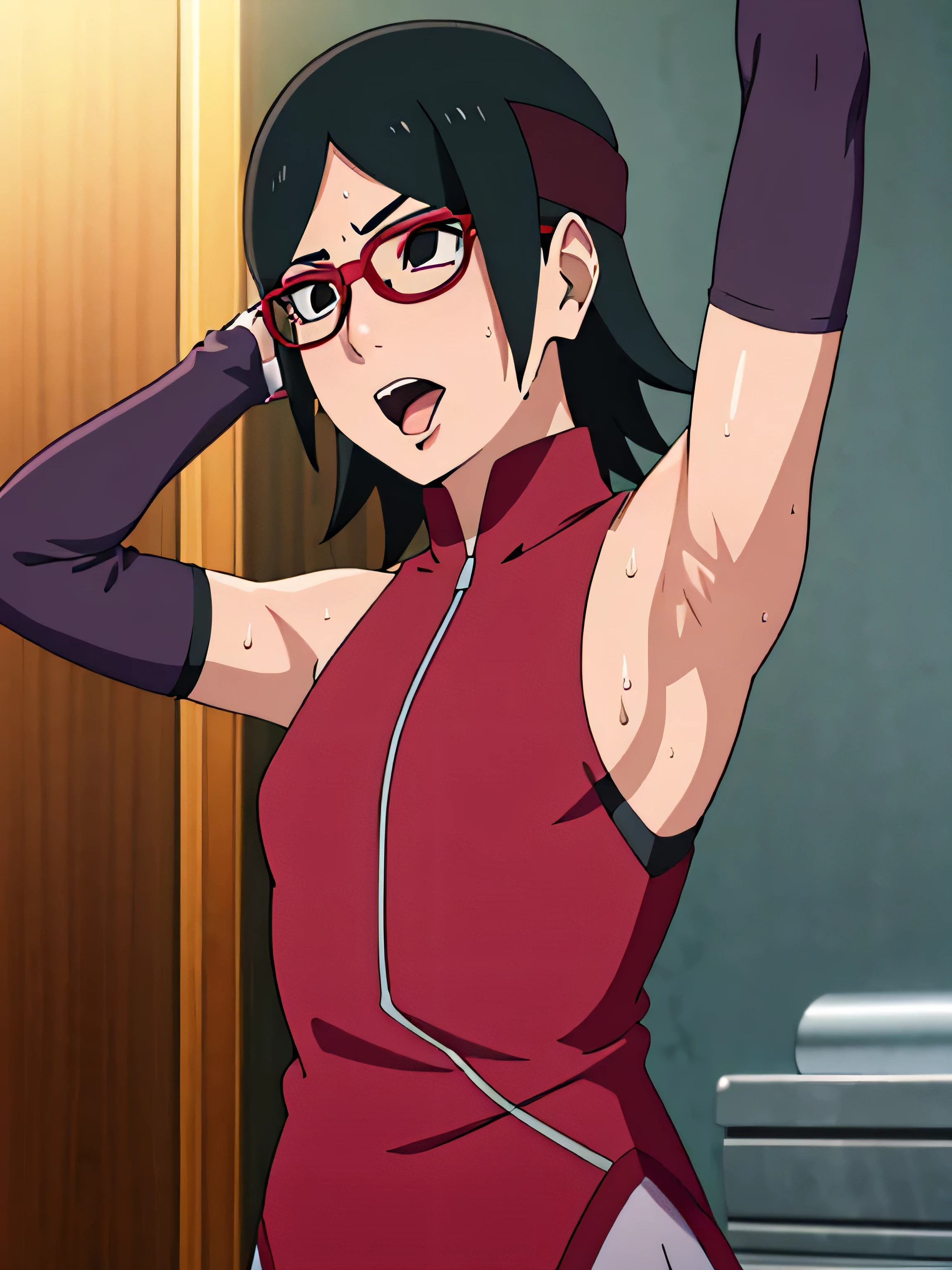 Sarada Uchiha,human woman with fair skin. She is a r with black eyes and red clothing. Her hair is black in color; She is beautiful.Wearing red rimmed glasses.Tsundere face. Pink eye shading,mature appearance,armpits,sweat,sweaty,sweaty armpits,arms up,showing armpits,awesome armpits,outfit,blackish red arm warmers,maroon arm bands,maroon arm warmers,showing tongue,tongue out