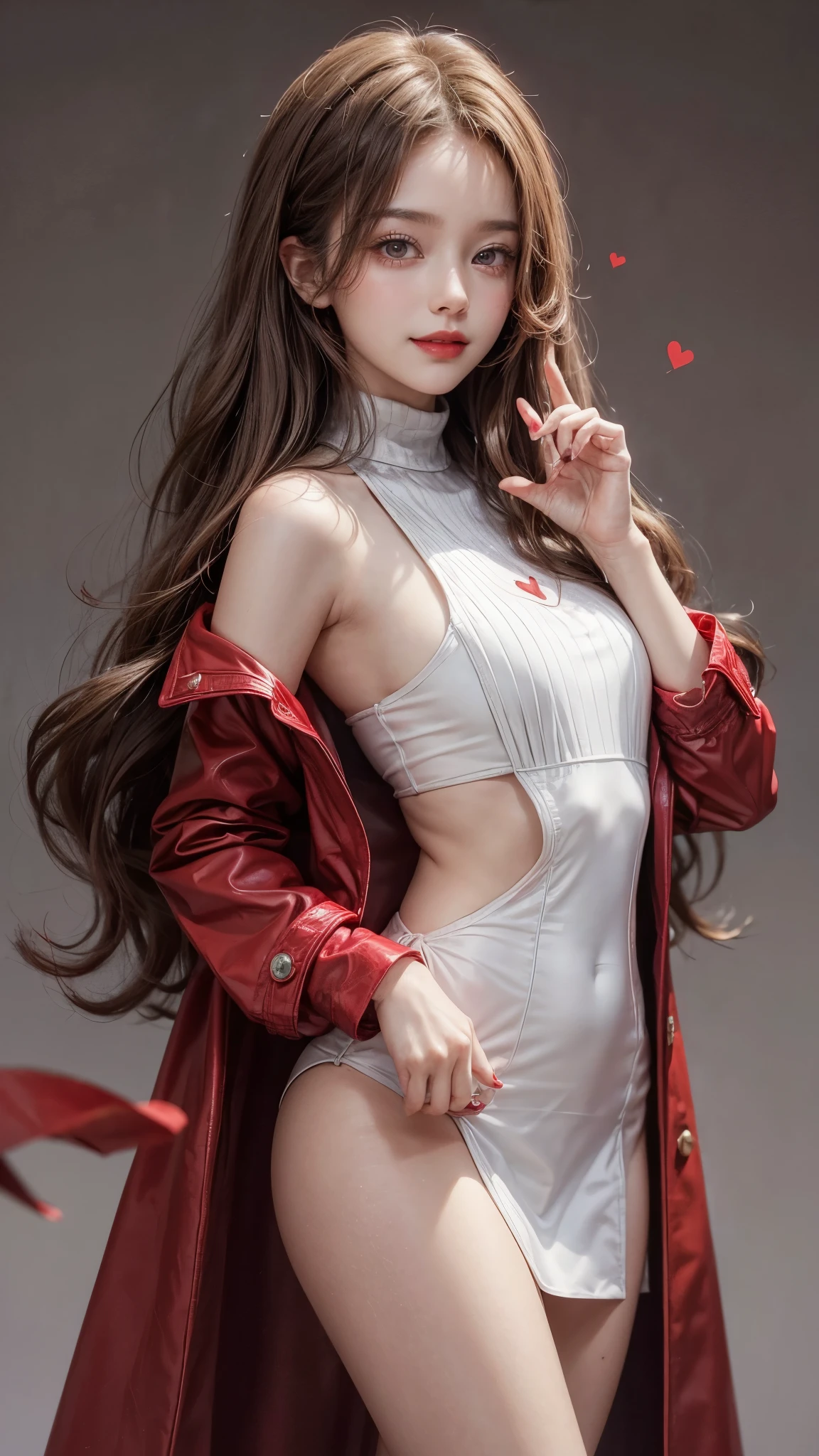 Girl wearing, luxury red coat, shoulder length hair, wavy hair, glowing skin, star in eye, red lips, grey background, cute poses
