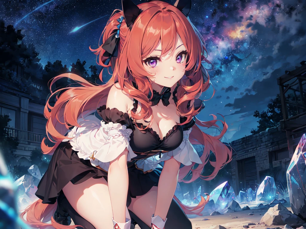 ((Lector de estrellas con fondo negro visto en frente)), (((((pelinaranja))))),(((ojos azules))), vestido negro, estrellas,itsuki nakano, itsuki, cielo de noche, pasto verde, (estilo anime), lo gothic, chica anime, goth girl, anime, gotic, (((naranja hair))),(((ojos azules hermosos))), dynamic poses, cuerpo perfecto,(mini falda), vestido ajustado, muslos, se ven sus muslos, (((naranja hair))), sexy, ojos perfectos, naranja color in your hair