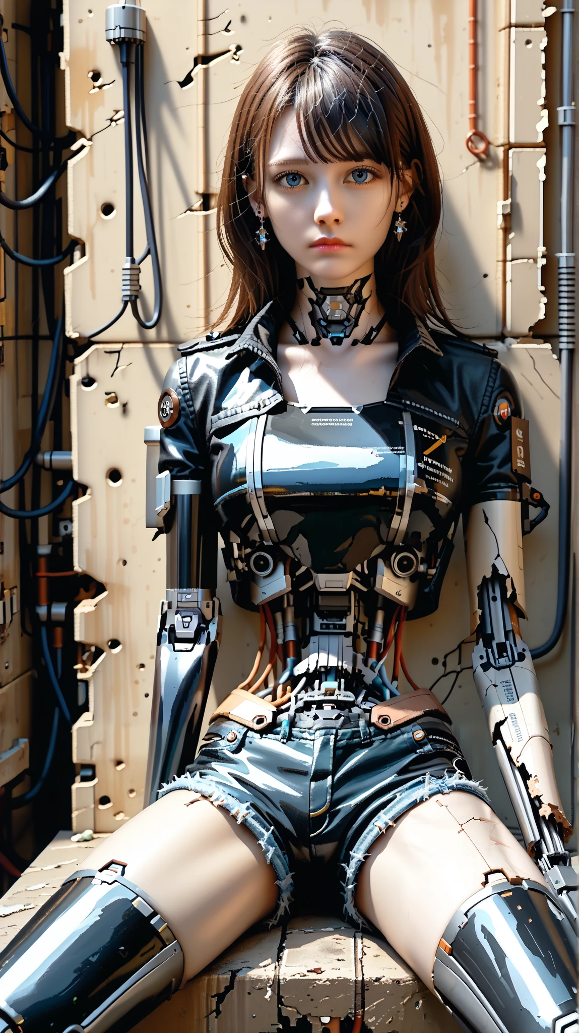 (((masterpiece))), (realism, realism texture, (science fiction, distant future), (top Quality, High Quality, top resolution, high resolution, (ultra detailed, high detailed))), (beautiful latex racing model robot girl:1.4), (she is incredible machine:1.8), (beautiful face), (thin lips, wide mouth), blue lighting eyes, (short shorts:1.4), (robot armor:1.6), machine frame, (black metallic latex cropped jacket:1.4), (steel knee-high greaves, (mechanical hands)), (robot joint:1.3), robot groin, (robot neck joint:1.6), ((damaged machine parts, electronic component, complete parts), (severed arm:1.7), broken belly, straight hair, Expressionless face, (cowboy shot:1.5), (closed mouth), (abandoned laboratory), looking at viewer, (sit with leaning back against the wall:1.2), ((spread legs:1.4), down knees:1.3) , (from above:1.3)
