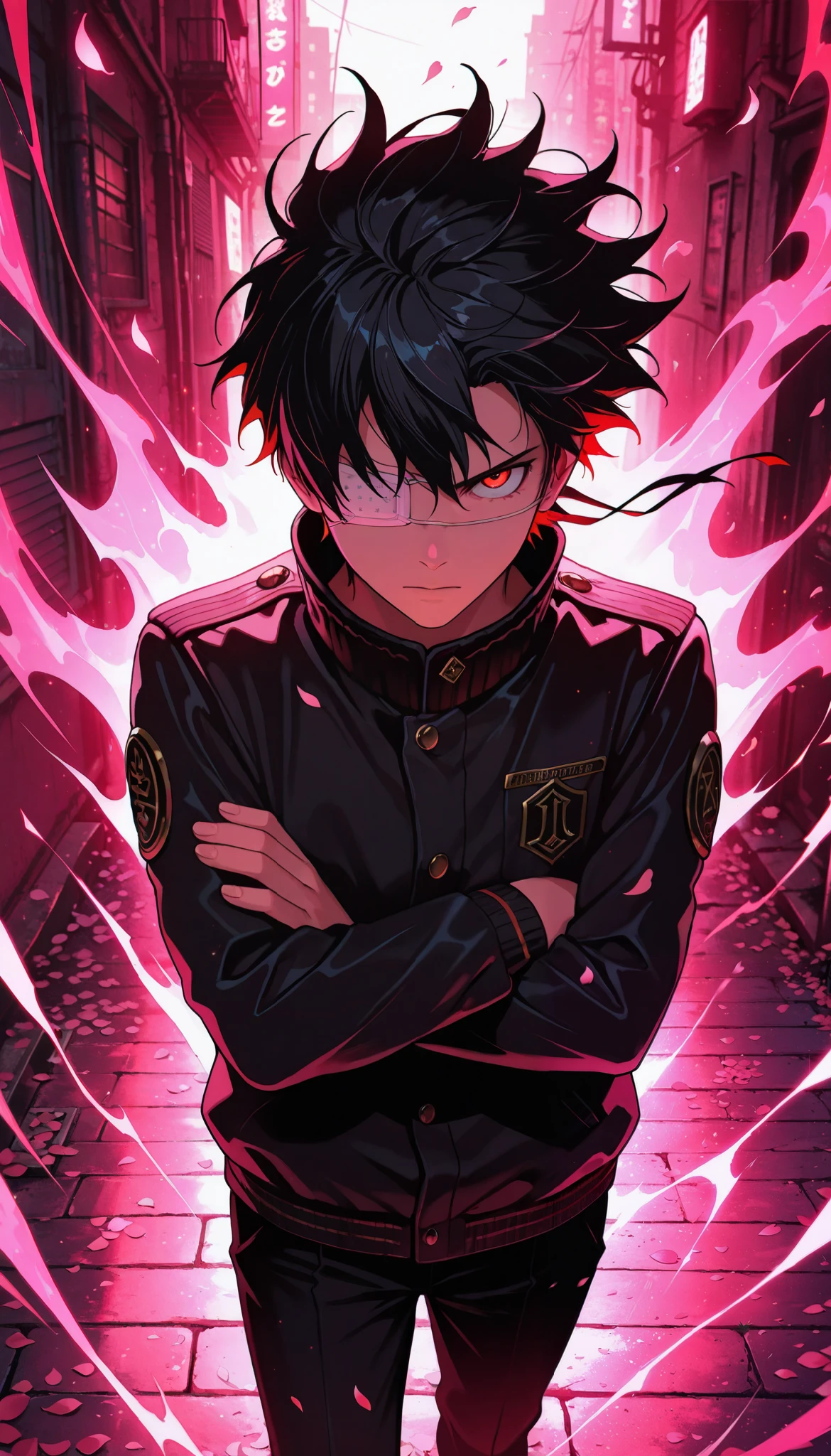 aniwall, anime, aesthetic, 8k wallpaper, detailed, 1man, handsome, short_hair, looking_at_viewer, serious, confident, medical_eye_patch, left_eye_patch, black_hair, red_eyes, school_uniform, black_uniform, gold_accents, high_collar, black_pants, jacket, commanding_pose, crossed_arms, standing, wind-blown_hair, dramatic_lighting, dark_aesthetic, hdr, low_contrast, masterpiece, best quality, absurdres, highres, perfect anatomy, perfect lighting, (sharp image), dynamic angle, cinematic, moody, powerful, authority, leader_aura, subtle_glow, intense_stare, glowing_background, urban_environment, dystopian_vibes, cherry_blossom_petals_falling, wind_effect, motion_blur