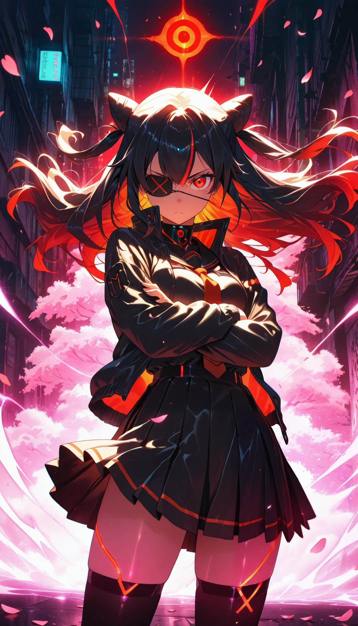 aniwall, anime, aesthetic, 8k wallpaper, detailed, 1girl, long_hair, looking_at_viewer, serious, confident, medical_eye_patch, left_eye_patch, black_hair, red_eyes, school_uniform, black_uniform, gold_accents, high_collar, pleated_skirt, thighhighs, jacket, commanding_pose, crossed_arms, standing, wind-blown_hair, dramatic_lighting, dark_aesthetic, hdr, low_contrast, masterpiece, best quality, absurdres, highres, perfect anatomy, perfect lighting, (sharp image), dynamic angle, cinematic, moody, powerful, authority, leader_aura, subtle_glow, intense_stare, glowing_background, urban_environment, dystopian_vibes, cherry_blossom_petals_falling, wind_effect, motion_blur