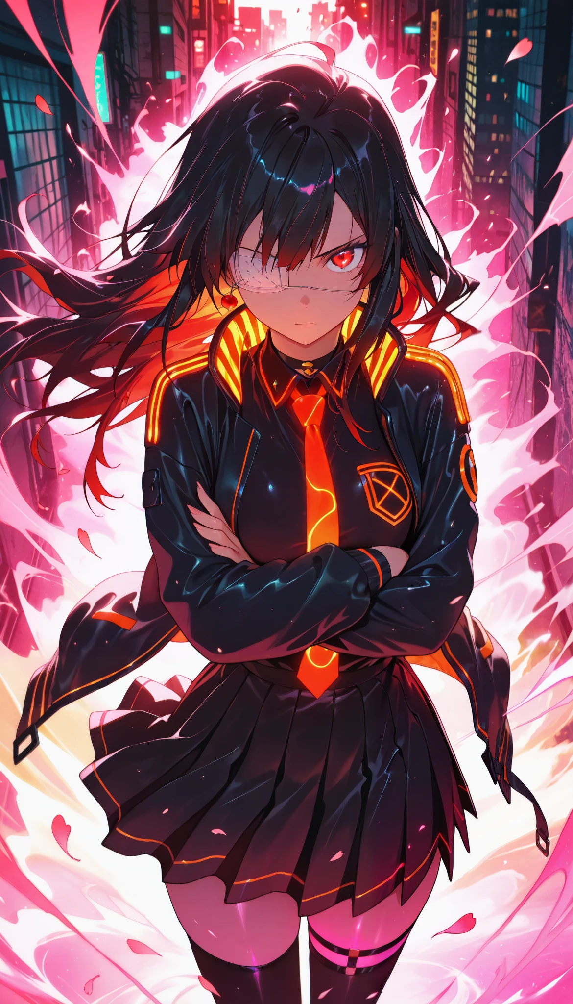 aniwall, anime, aesthetic, 8k wallpaper, detailed, 1girl, long_hair, looking_at_viewer, serious, confident, medical_eye_patch, left_eye_patch, black_hair, red_eyes, school_uniform, black_uniform, gold_accents, high_collar, pleated_skirt, thighhighs, jacket, commanding_pose, crossed_arms, standing, wind-blown_hair, dramatic_lighting, dark_aesthetic, hdr, low_contrast, masterpiece, best quality, absurdres, highres, perfect anatomy, perfect lighting, (sharp image), dynamic angle, cinematic, moody, powerful, authority, leader_aura, subtle_glow, intense_stare, glowing_background, urban_environment, dystopian_vibes, cherry_blossom_petals_falling, wind_effect, motion_blur
