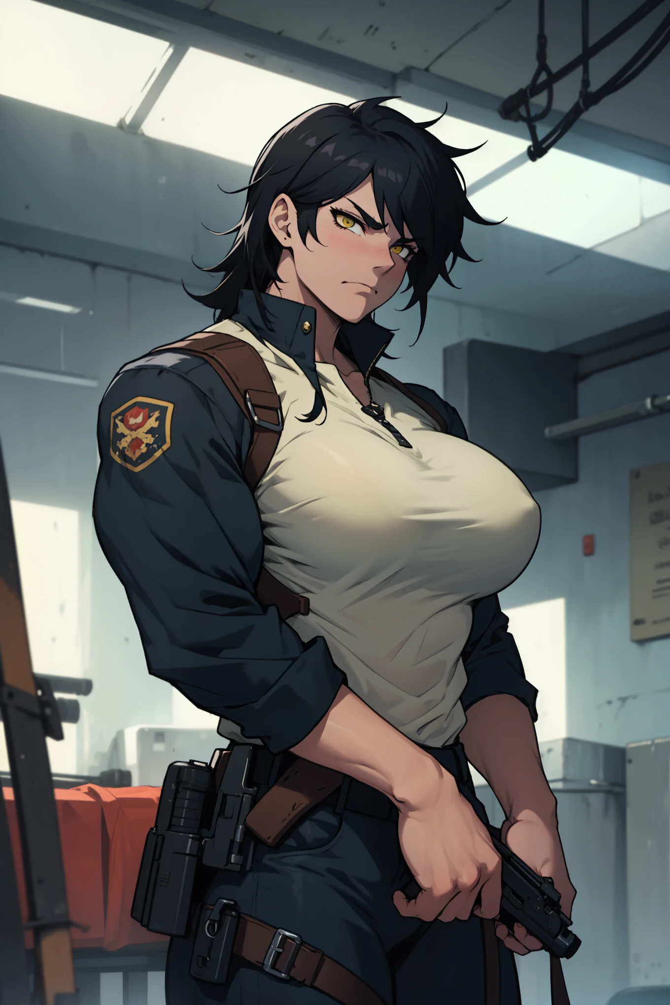 1 girl, black hair, yellow eyes, short haircut, ((((Extremely muscular)))), big breasts, open body, lush, specific, shadow, dark atmosphere, (pilot suit), (very deeply unbuttoned) (open belly),
